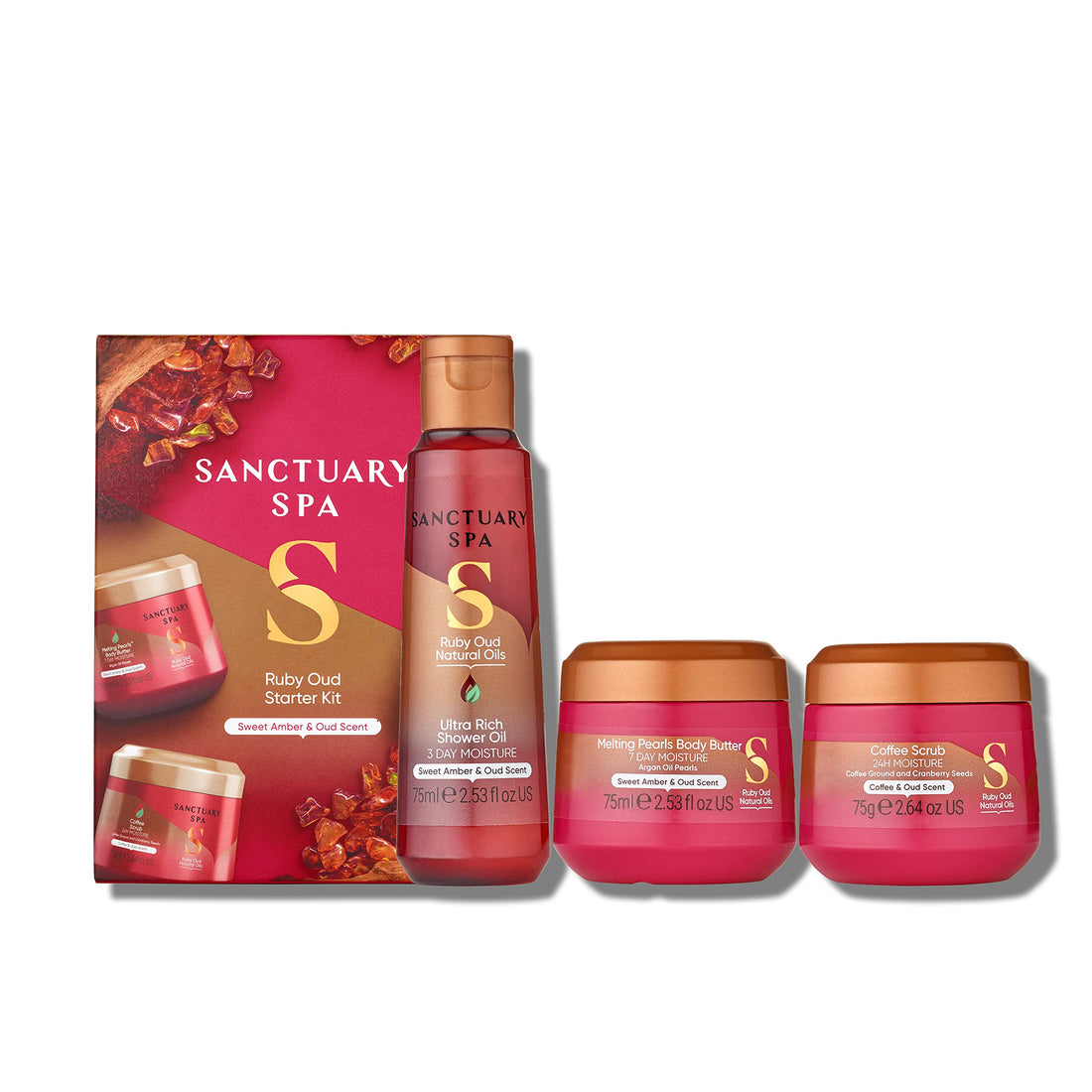 Sanctuary Spa Ruby Oud 3-piece travel gift set vegan cruelty-free with shower oil coffee scrub and body butter