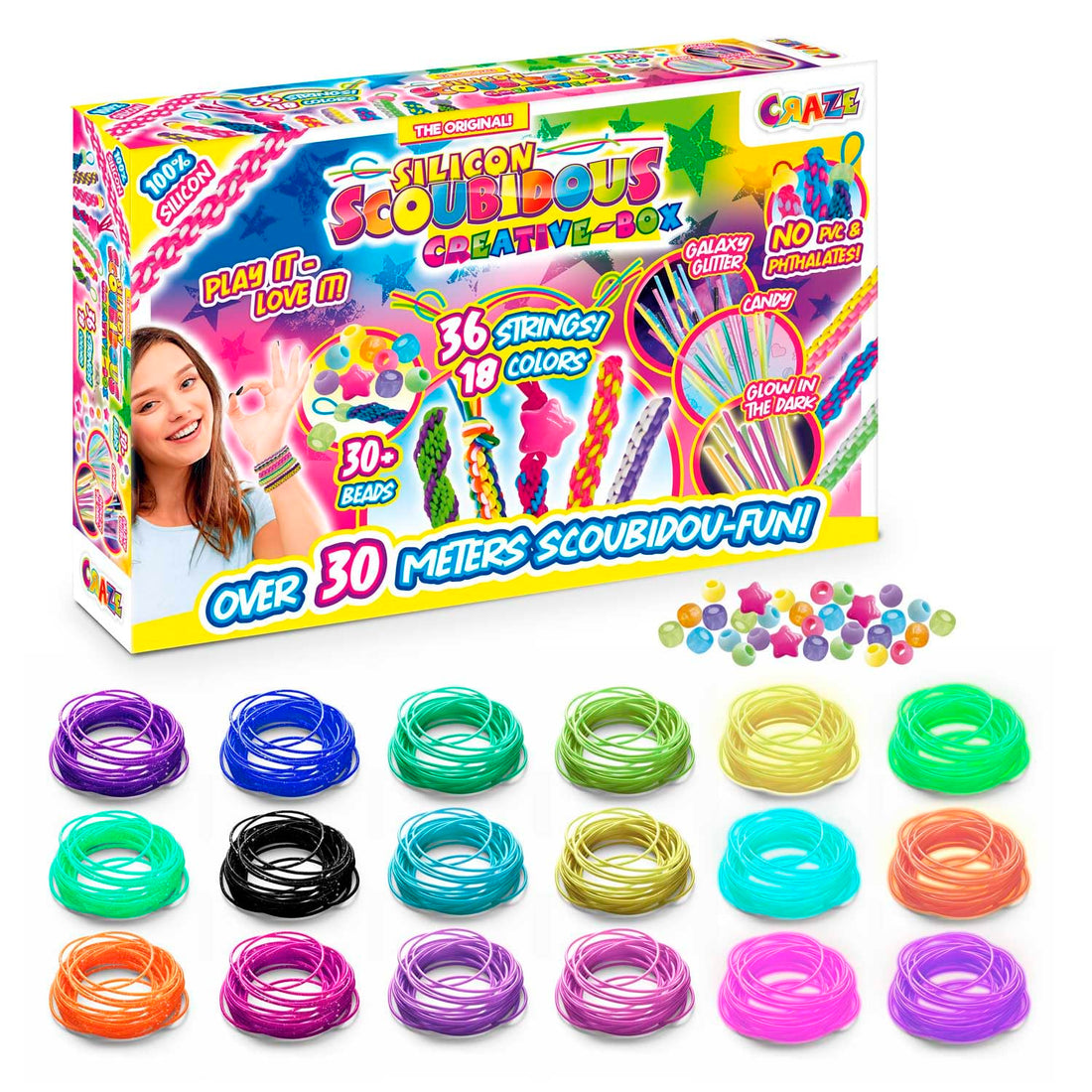 Craze Scoubidou Creative Box with 36 silicone strings in 18 colours and 30 beads – friendship bracelet and craft kit for kids