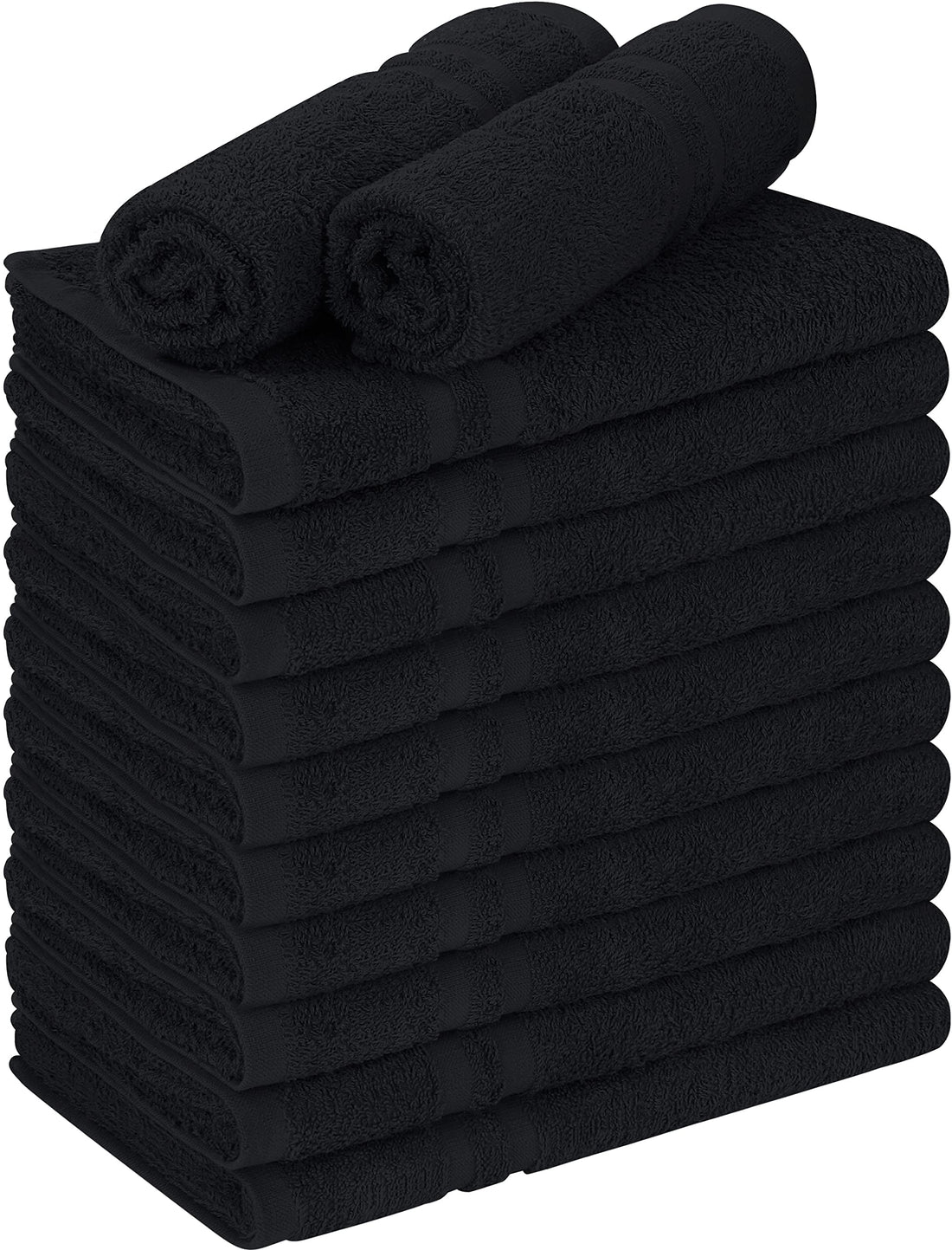 Utopia Towels Bleach Proof Cotton Salon Towels 12-pack in black stacked neatly on a salon shelf, showing the professional 16x27 inch size
