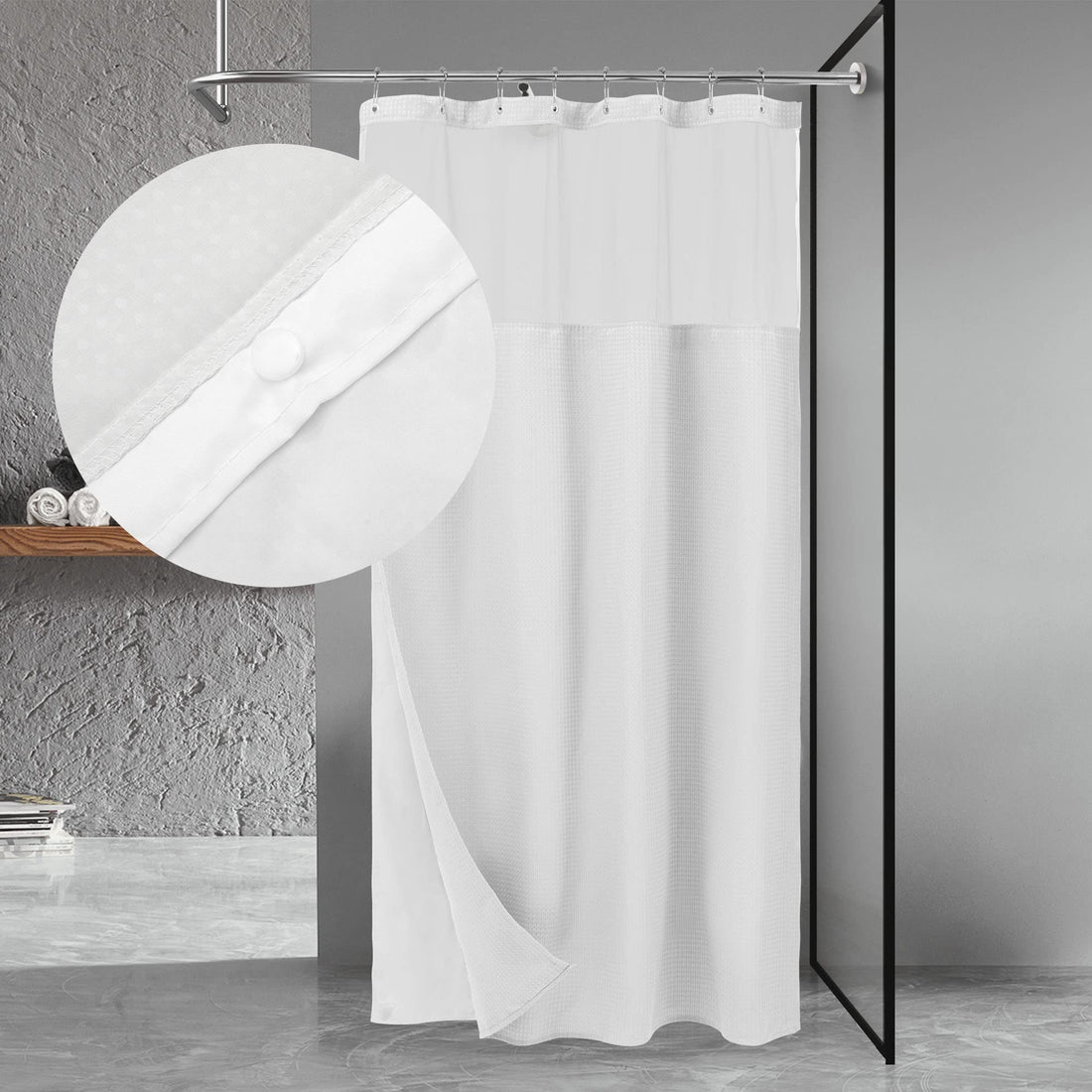 N&Y HOME Waffle Weave Shower Curtain with Snap-in Liner 48x72 stall size showing the waffle weave texture sheer mesh upper panel snap-in waterproof liner 12 rust-resistant metal hooks and two bottom magnets for hotel style stall shower