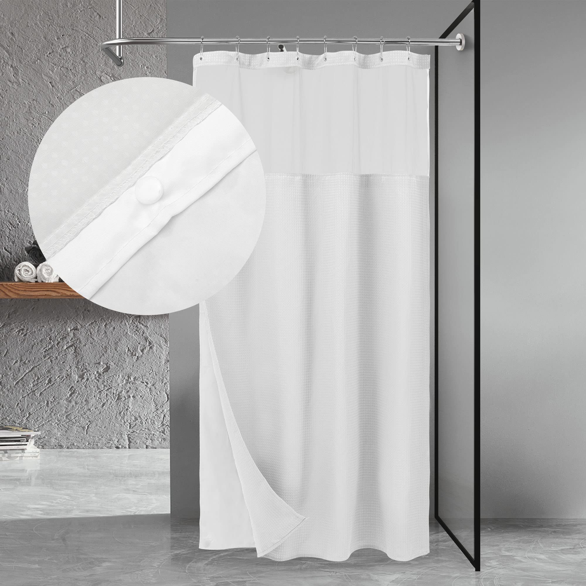 N&Y HOME Waffle Weave Shower Curtain with Snap-in Liner 48x72 stall size showing the waffle weave texture sheer mesh upper panel snap-in waterproof liner 12 rust-resistant metal hooks and two bottom magnets for hotel style stall shower