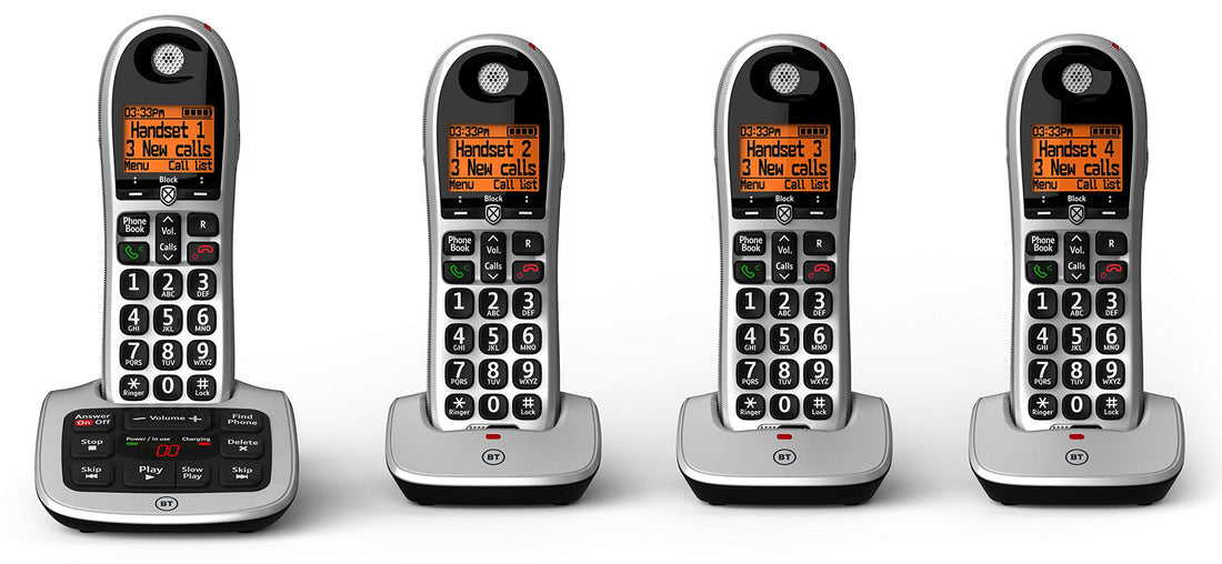 BT 4600 Cordless Landline Phone with big buttons and call blocker — quad handset pack on a home desk