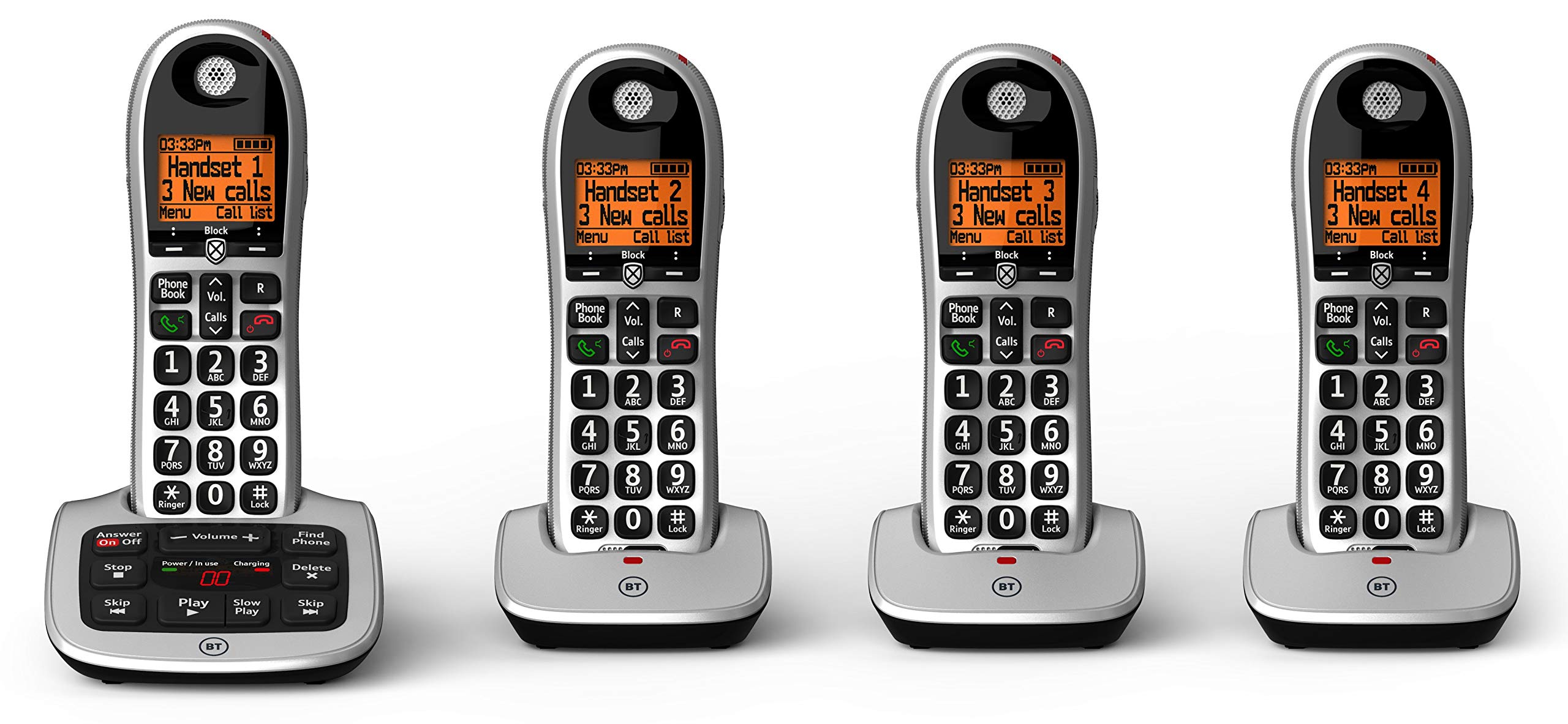 BT 4600 Cordless Landline Phone with big buttons and call blocker — quad handset pack on a home desk
