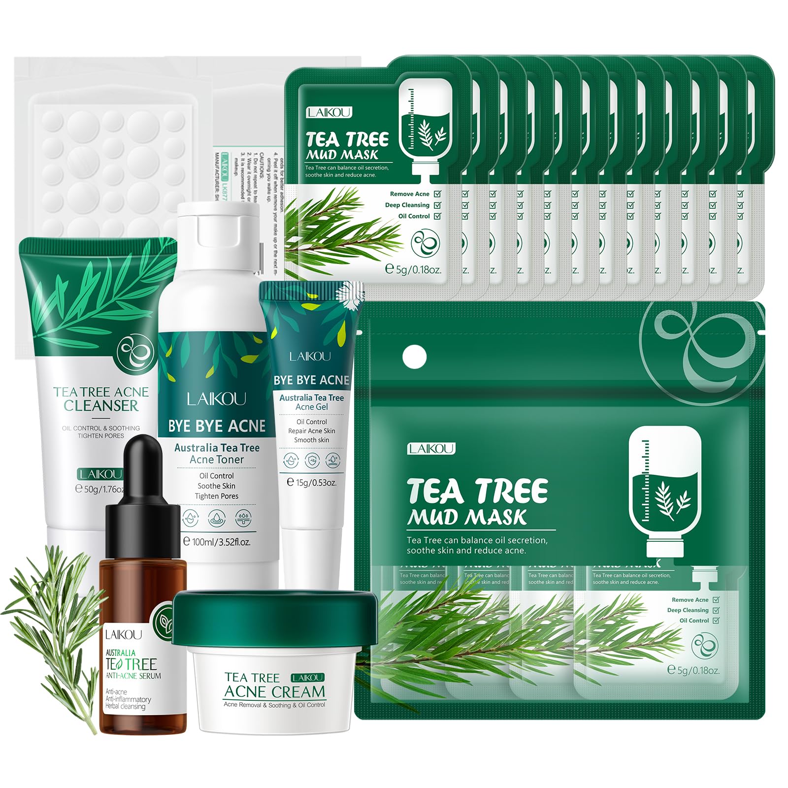 LAIKOU Tea Tree 7-piece anti-acne skincare set with cleanser toner serum spot gel cream mud mask pimple patches