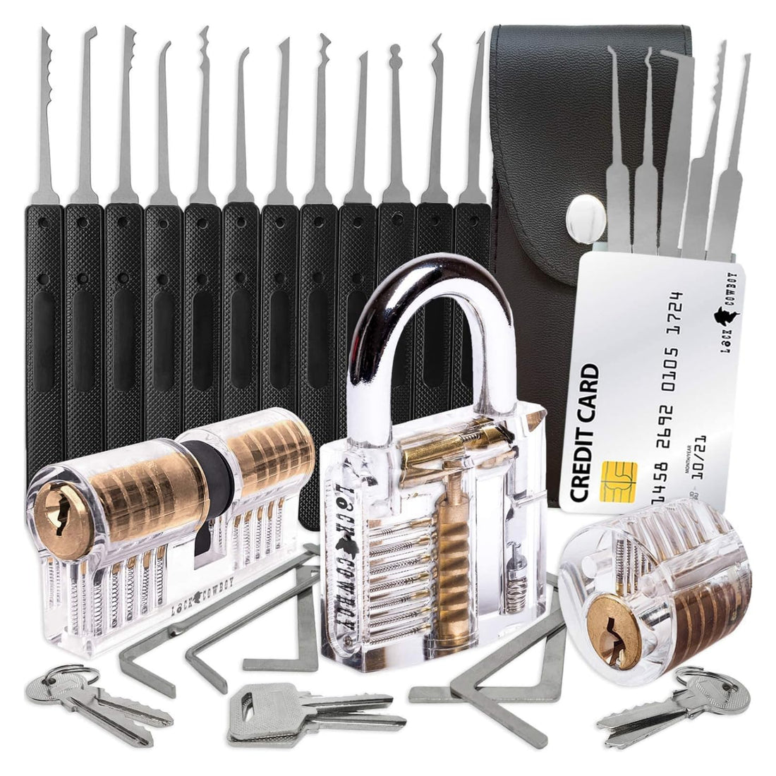 30-piece lockpick set with 3 transparent practice locks, credit card lock picking kit and 2 training guides