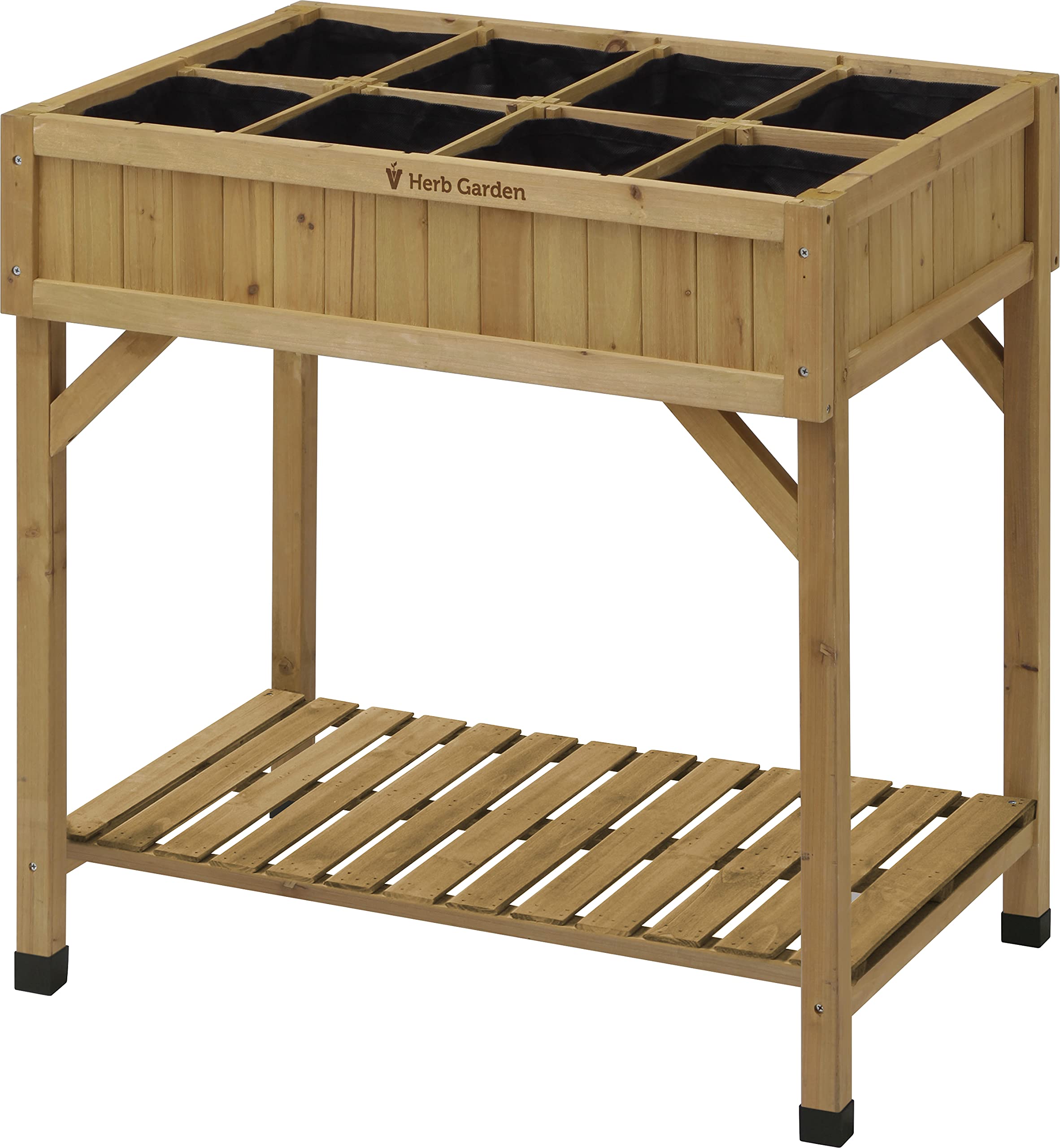 VegTrug 8 Pocket Herb Planter in natural wood with eight separate growing pockets filled with herbs on a patio balcony setting
