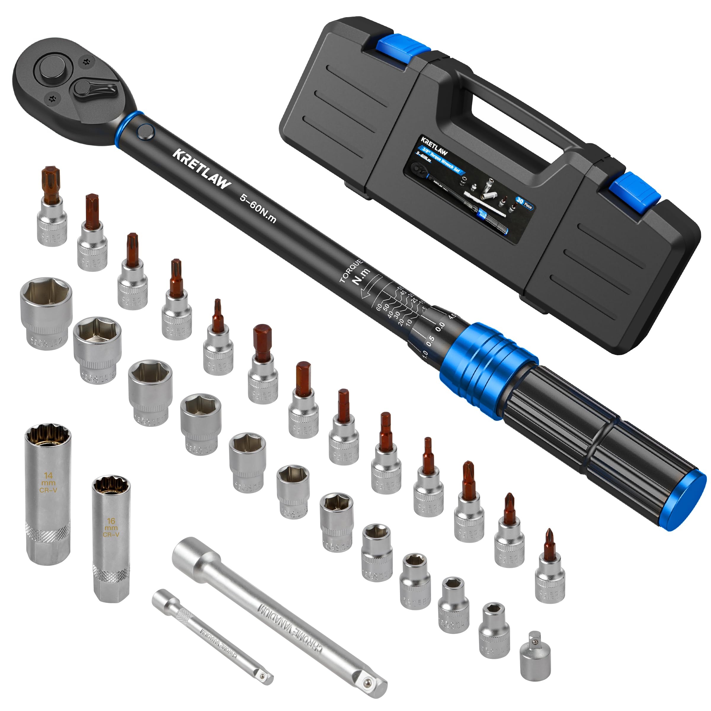 Kretlaw 3/8 inch Drive Click Torque Wrench Set 30 pieces 5-60Nm 72 teeth – for bikes motorcycles and cars