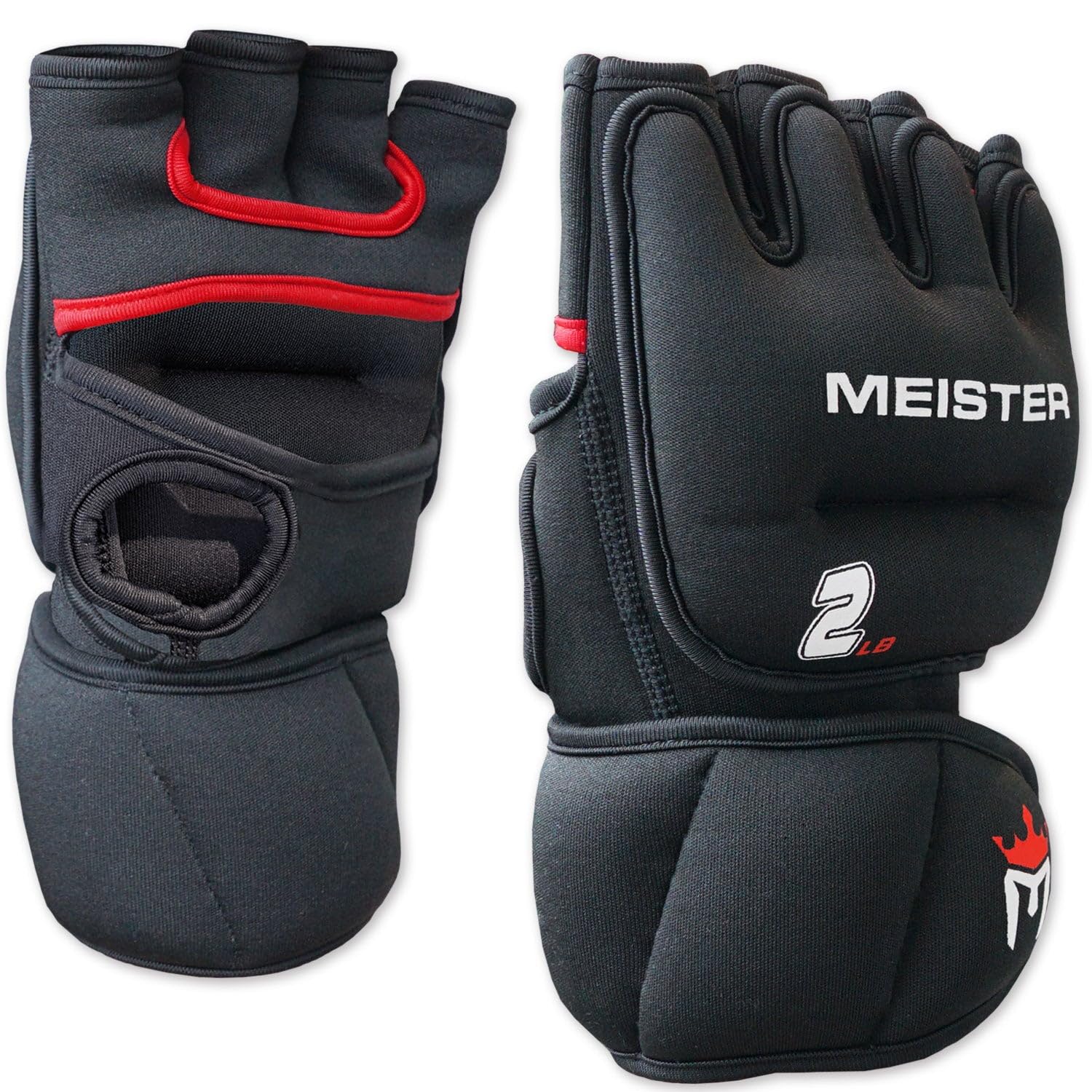 Meister 2lb Neoprene Weighted Gloves for cardio and heavy hands training – black and red pair with open-palm design and double wrist strap