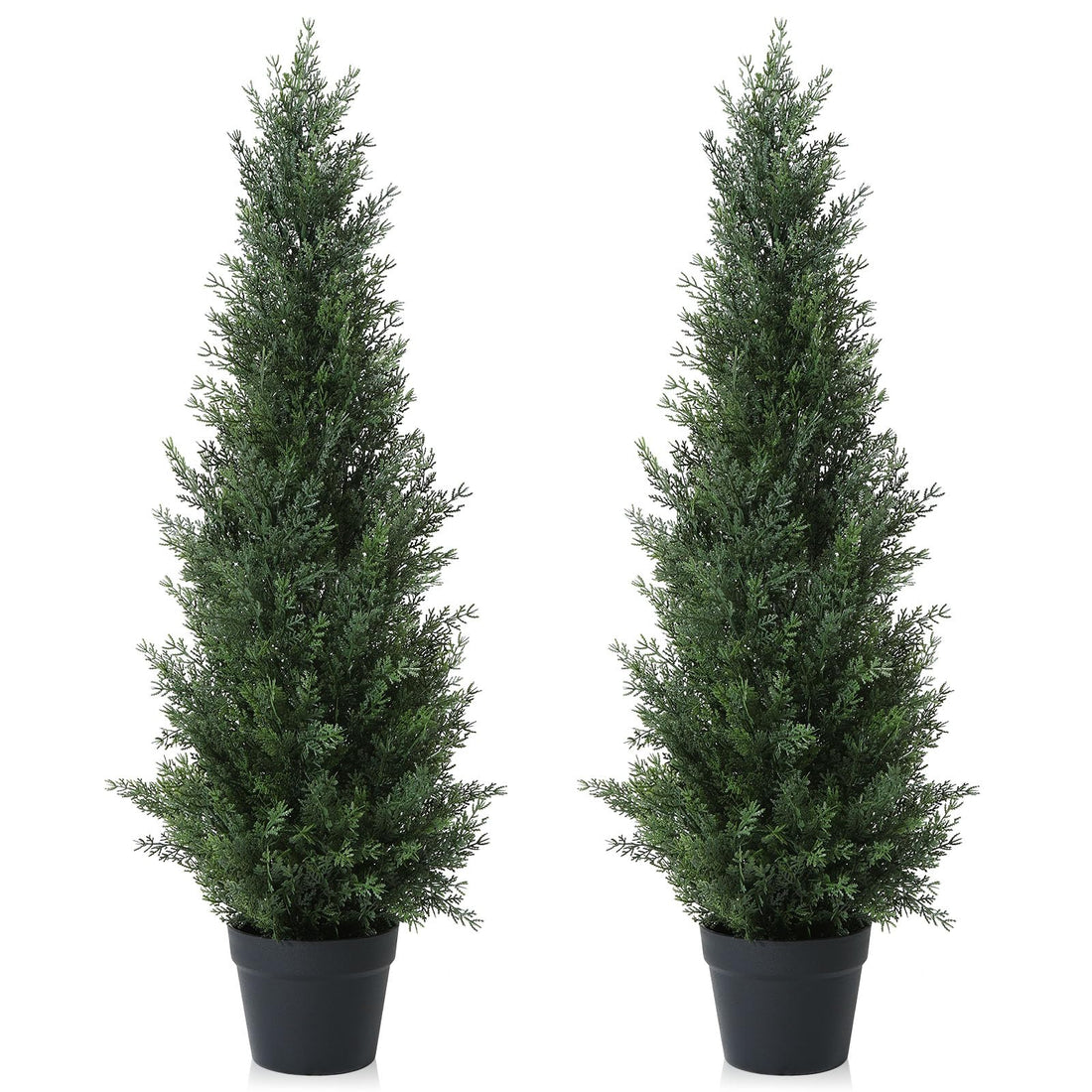 CROSOFMI 95cm Artificial Cedar Tree 2 Pack — large faux outdoor cedar trees in plastic pots flanking a front door, providing year-round low-maintenance greenery for porch and garden decoration