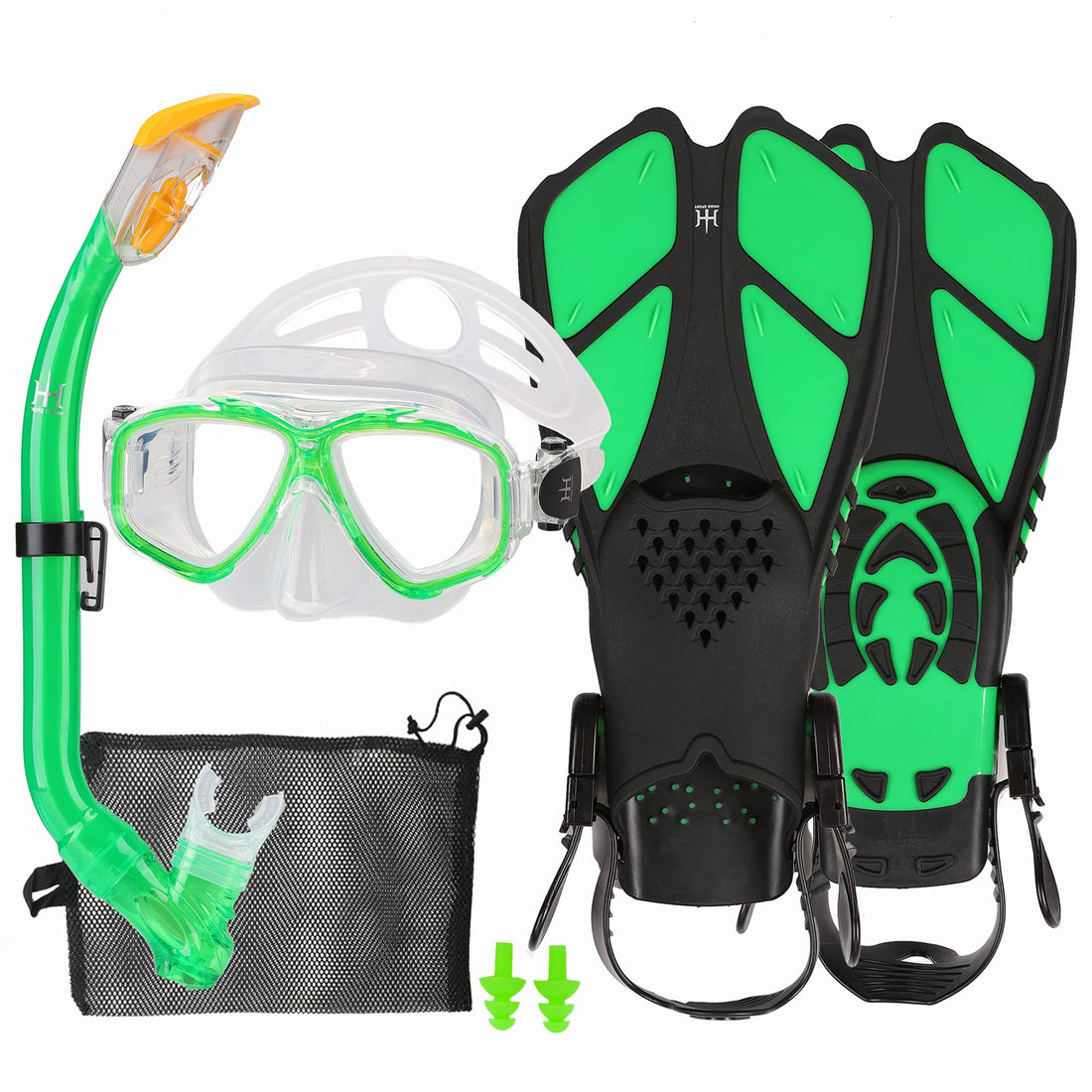 Jolof Store Kids Snorkeling Set with fins for ages 5-12 — complete full dry snorkel gear including tempered glass mask, dry snorkel, adjustable fins, carrying bag and earplugs for children's underwater exploration