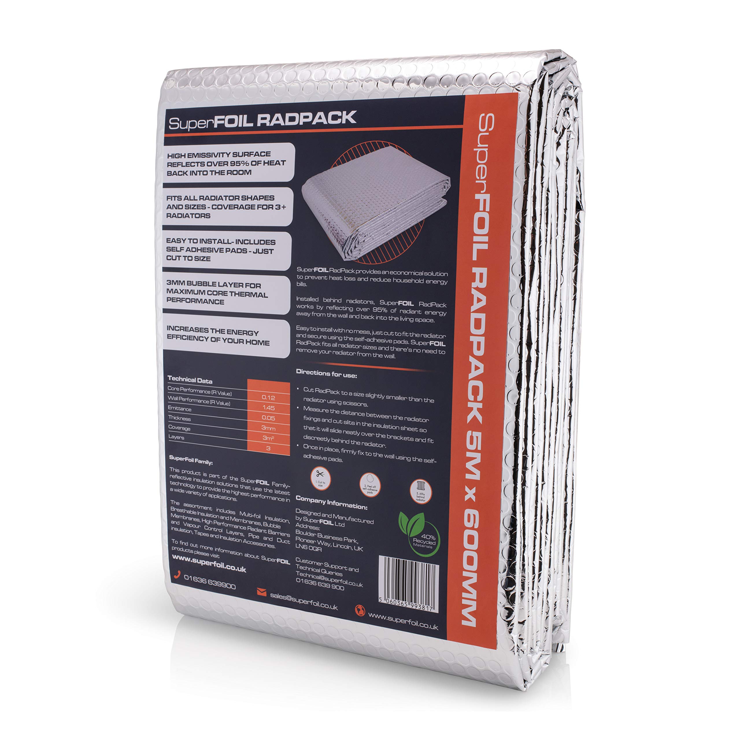 SuperFOIL Radiator Insulation Reflective Foil roll, 0.6m x 5m, shown next to a wall-mounted radiator in a home setting