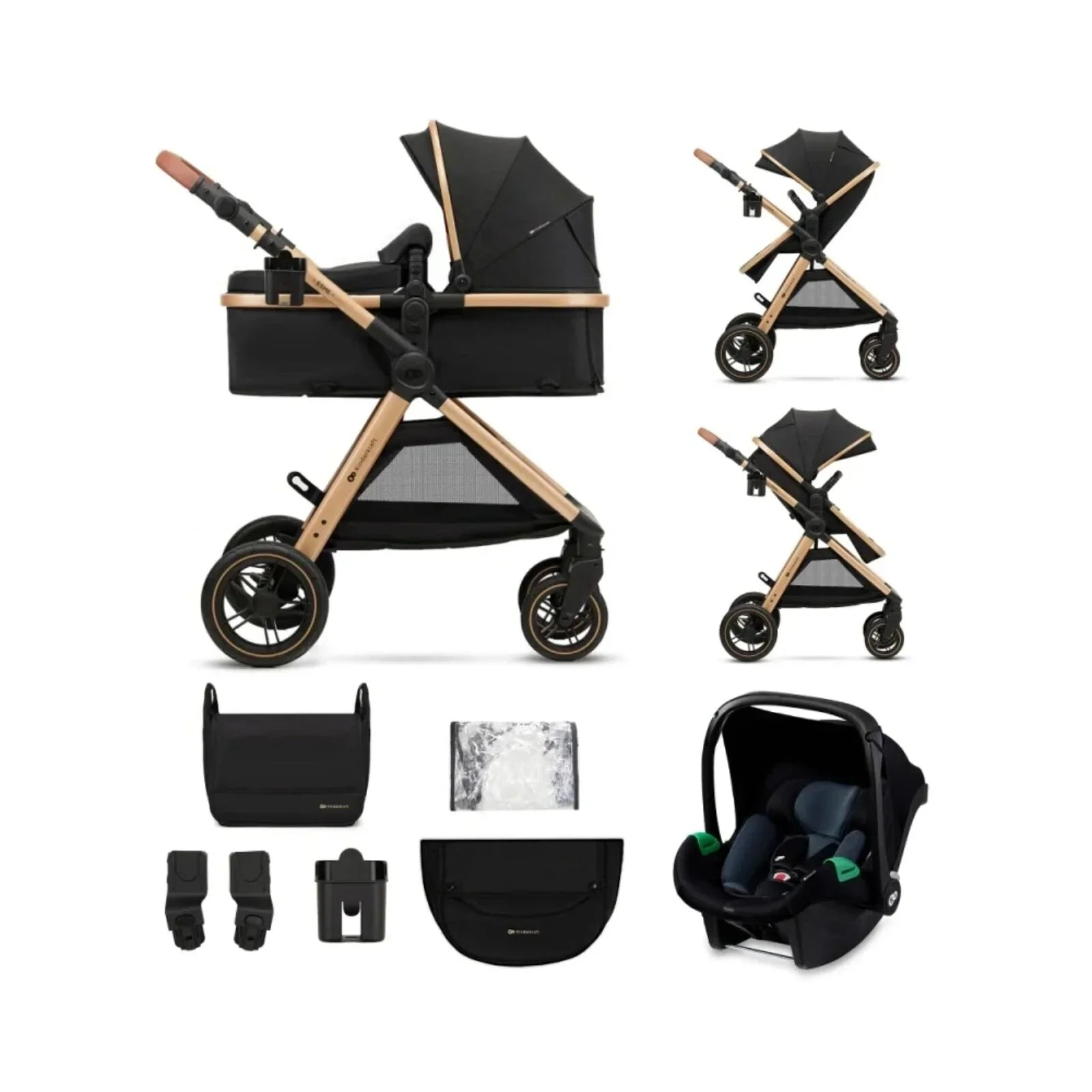 Kinderkraft Esme Pro 3-in-1 Travel System in Pure Black — full travel system view showing pushchair with MINK PRO car seat and large TPE wheels