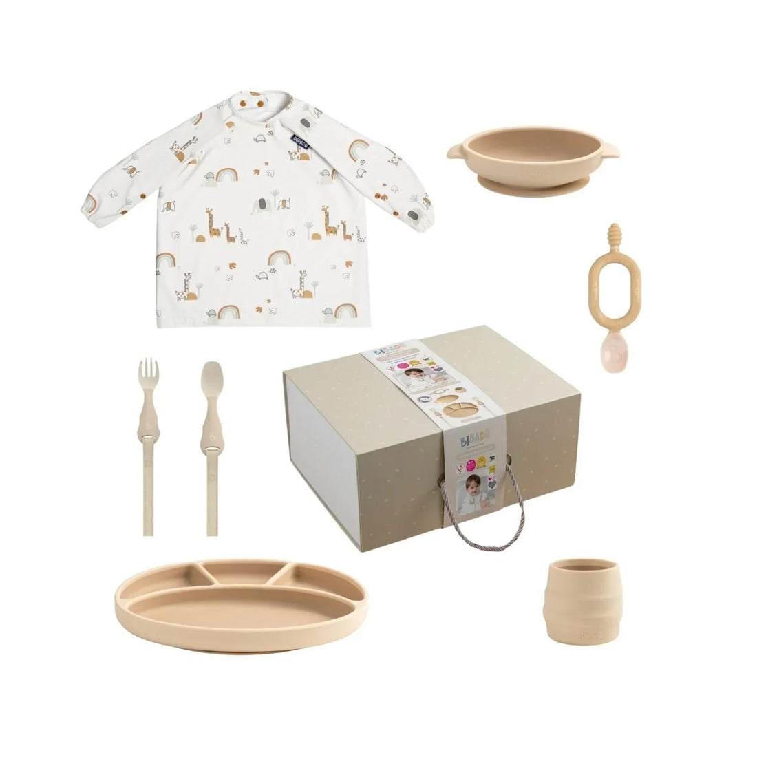 Bibado Complete Silicone Weaning Box Set laid out showing all six pieces including the coverall bib, suction bowl, divider plate, cutlery set, weaning spoon and open training cup
