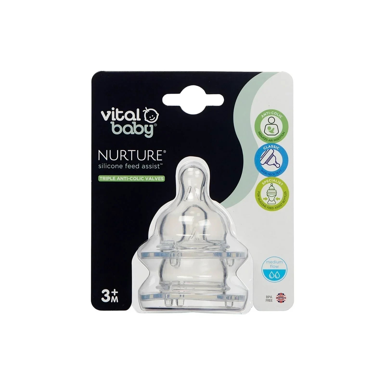Vital Baby Nurture Silicone Teats Medium Flow — anti-colic silicone teats for 3 months plus with wide neck classic shape, BPA latex and phthalate free, dishwasher safe, pack of 2