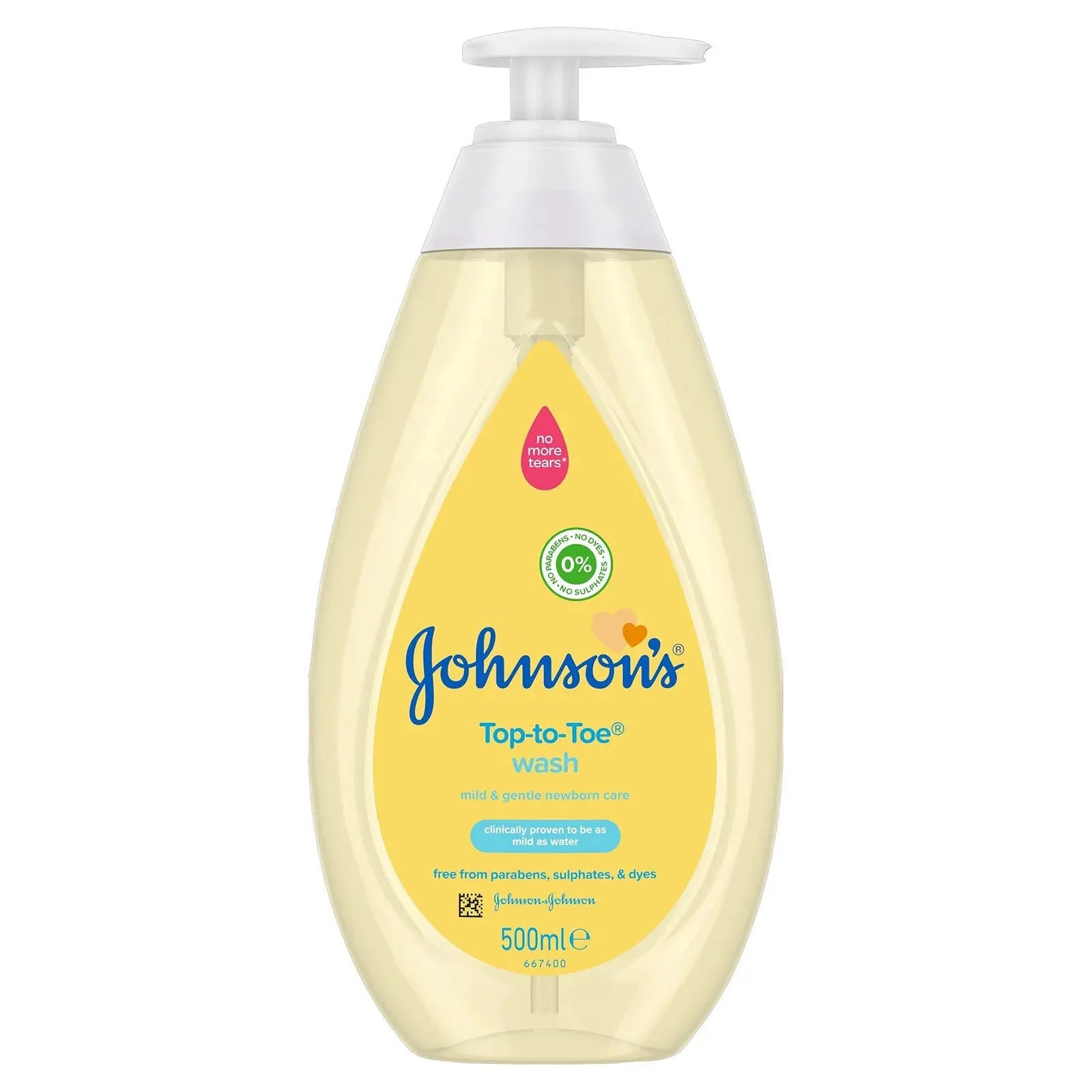 Johnson's Baby Top to Toe Wash 500ml bottle — the classic yellow bottle with NO MORE TEARS formula, suitable from day one