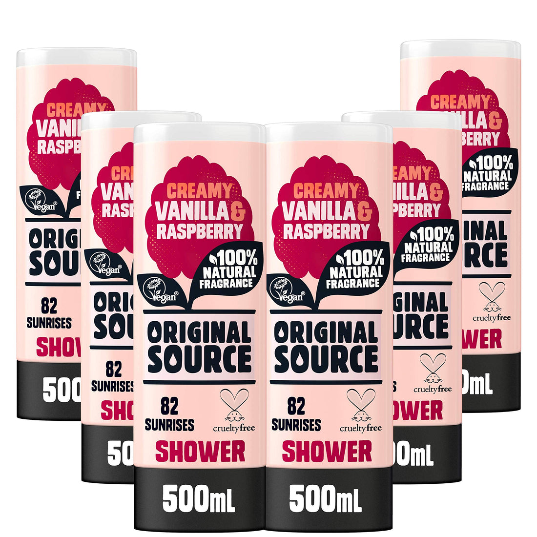 Original Source Vanilla & Raspberry Shower Gel 6 x 500ml bulk pack — vegan, cruelty-free and paraben-free natural fragrance body wash