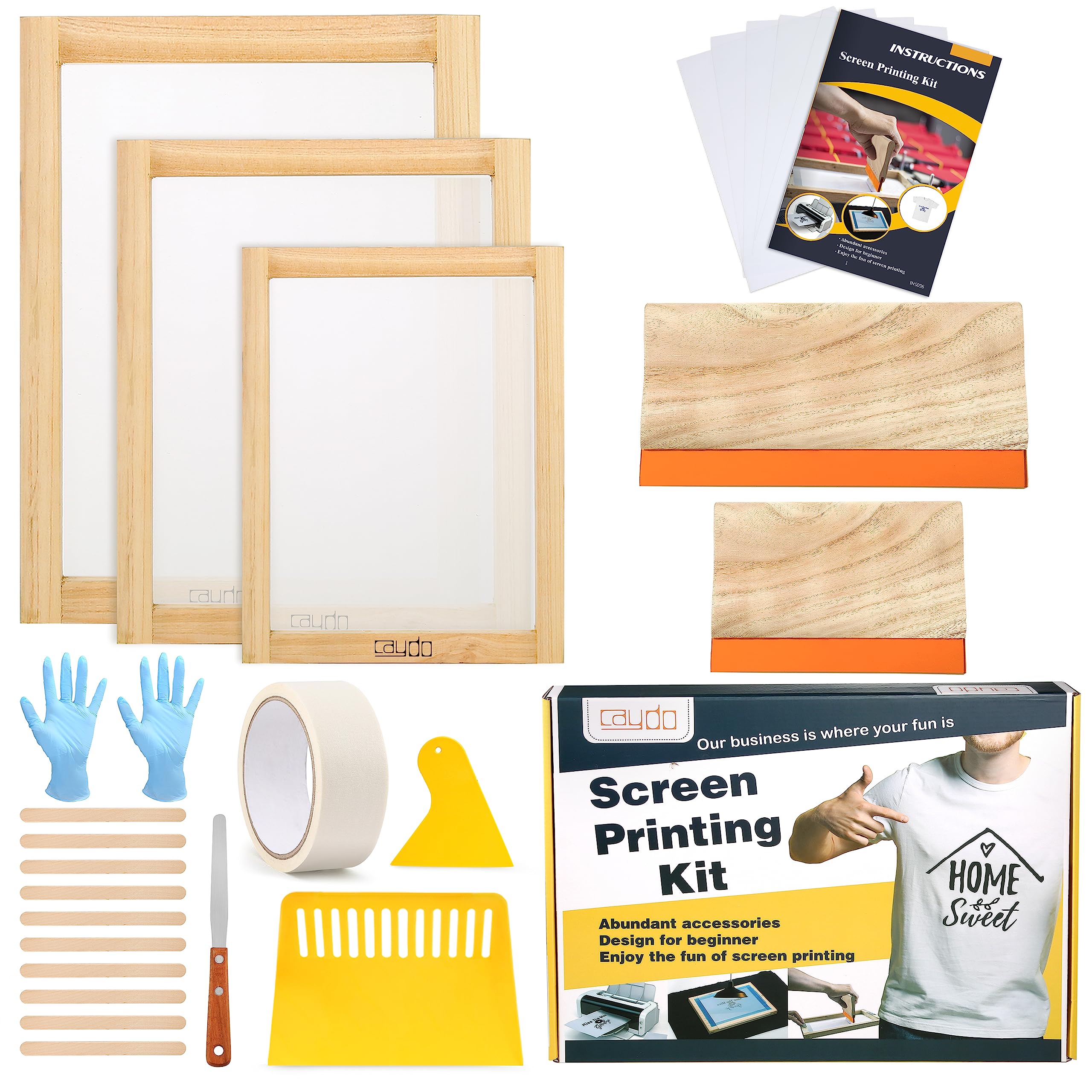 Caydo 23-piece screen printing starter kit with 3 wood frames, squeegees and accessories — complete beginner screen printing set