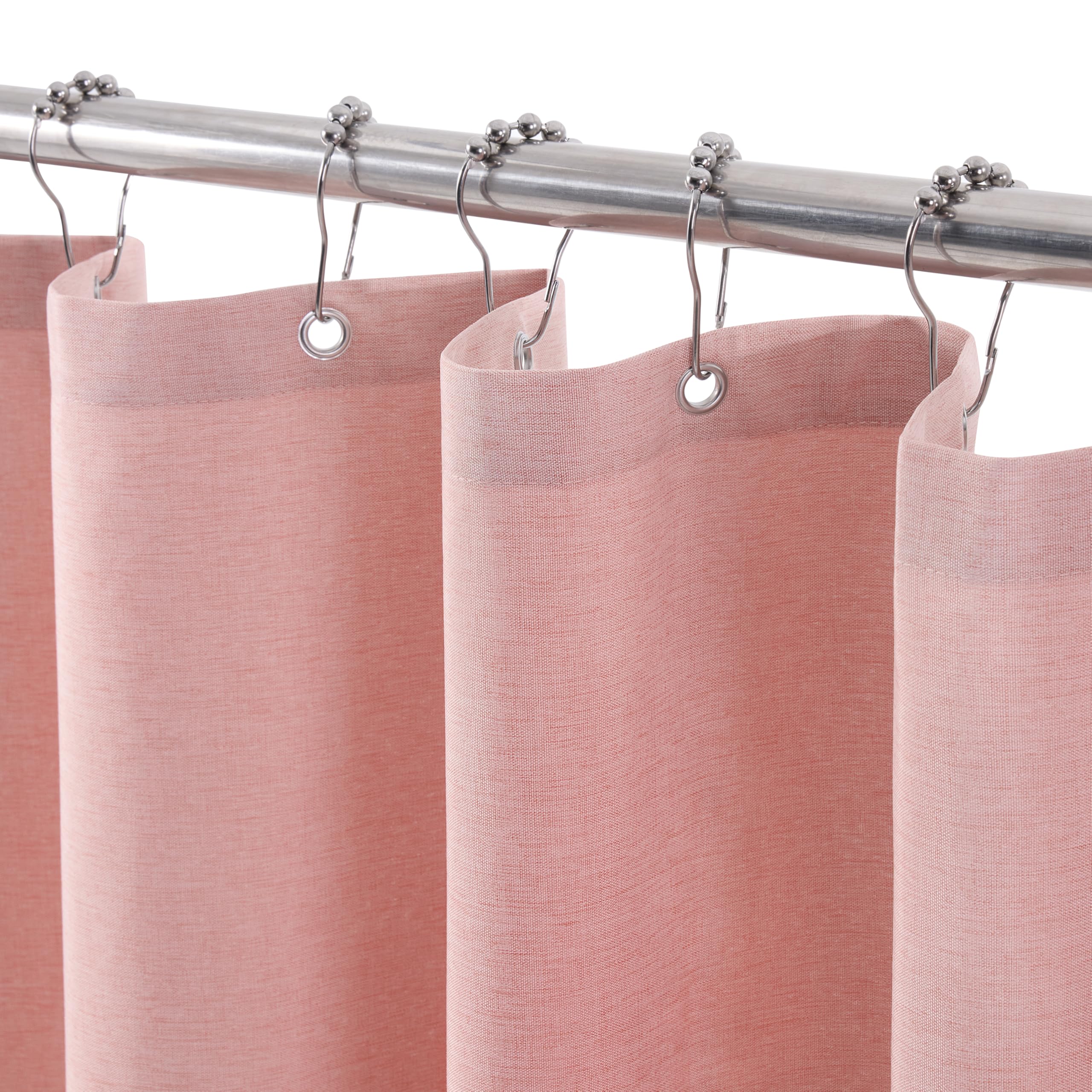 VANZAVANZU narrow linen fabric shower curtain 92x182cm waterproof weighted pink with rust-resistant metal hooks