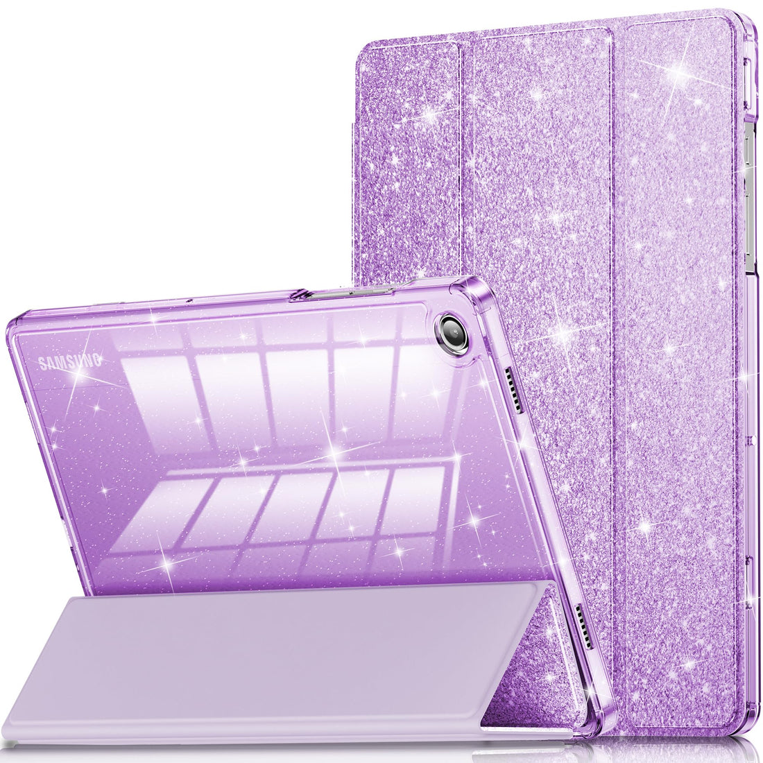 INFILAND Samsung Galaxy Tab A11+ A9+ 11 inch Case in glitter purple — sparkly clear back protective cover with auto wake sleep magnetic functionality, precision fit for 2023 2025 models