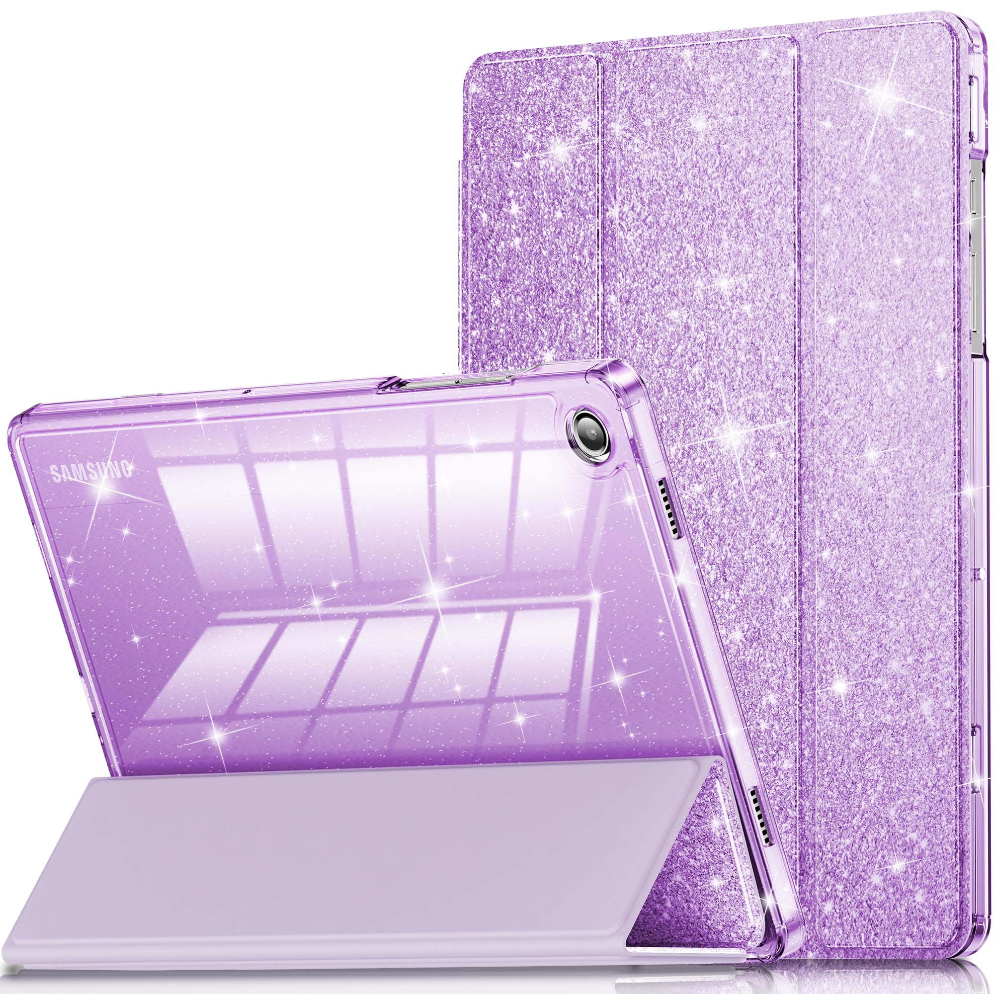 INFILAND Samsung Galaxy Tab A11+ A9+ 11 inch Case in glitter purple — sparkly clear back protective cover with auto wake sleep magnetic functionality, precision fit for 2023 2025 models