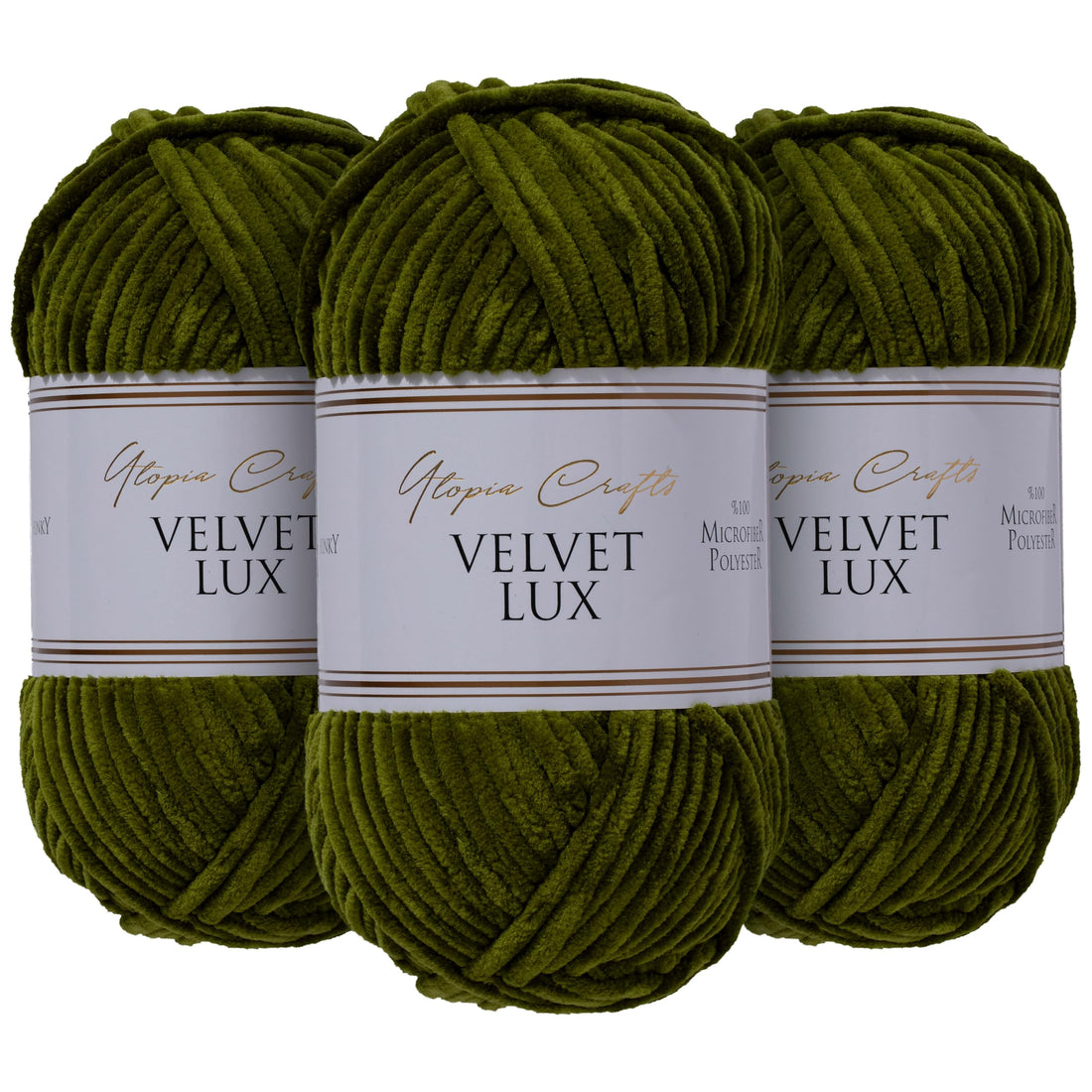 Utopia Crafts Velvet Lux Chunky Chenille Yarn 3x100g Dark Olive — 100% microfiber polyester Oeko-Tex certified super soft velvet chenille yarn for knitting and crochet, 110-120 yards per ball, machine washable
