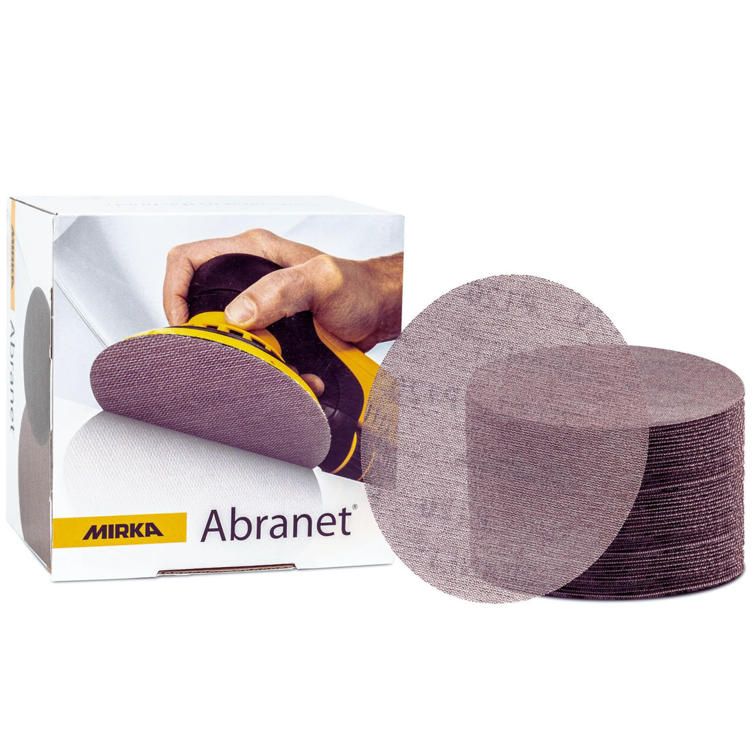 Mirka Abranet 150mm P240 net sanding discs fanned out on a workshop bench