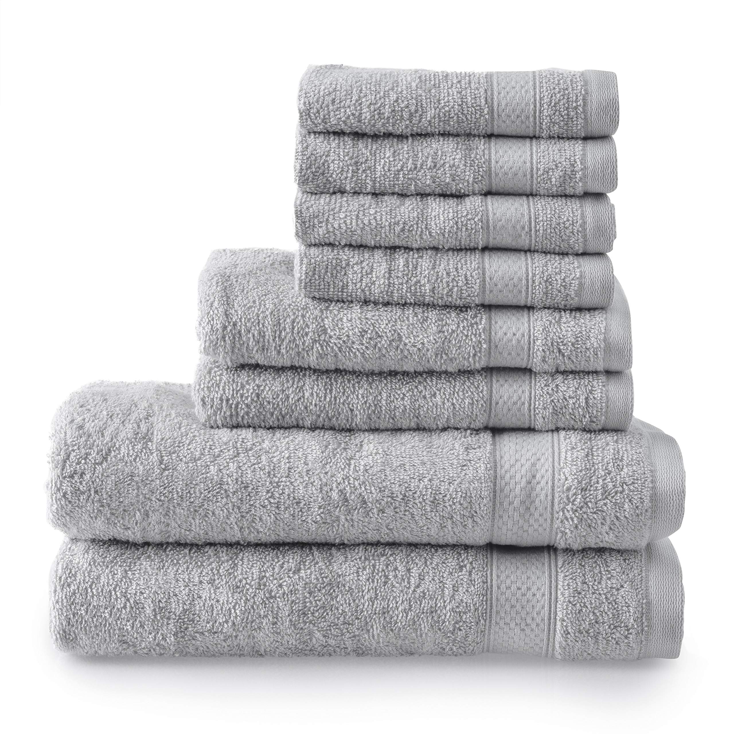 Welhome 100% Cotton 8-Piece Towel Set in Silver – 2 bath towels, 2 hand towels and 4 washcloths, 434 GSM combed cotton, OEKO-TEX certified, quick dry and machine washable