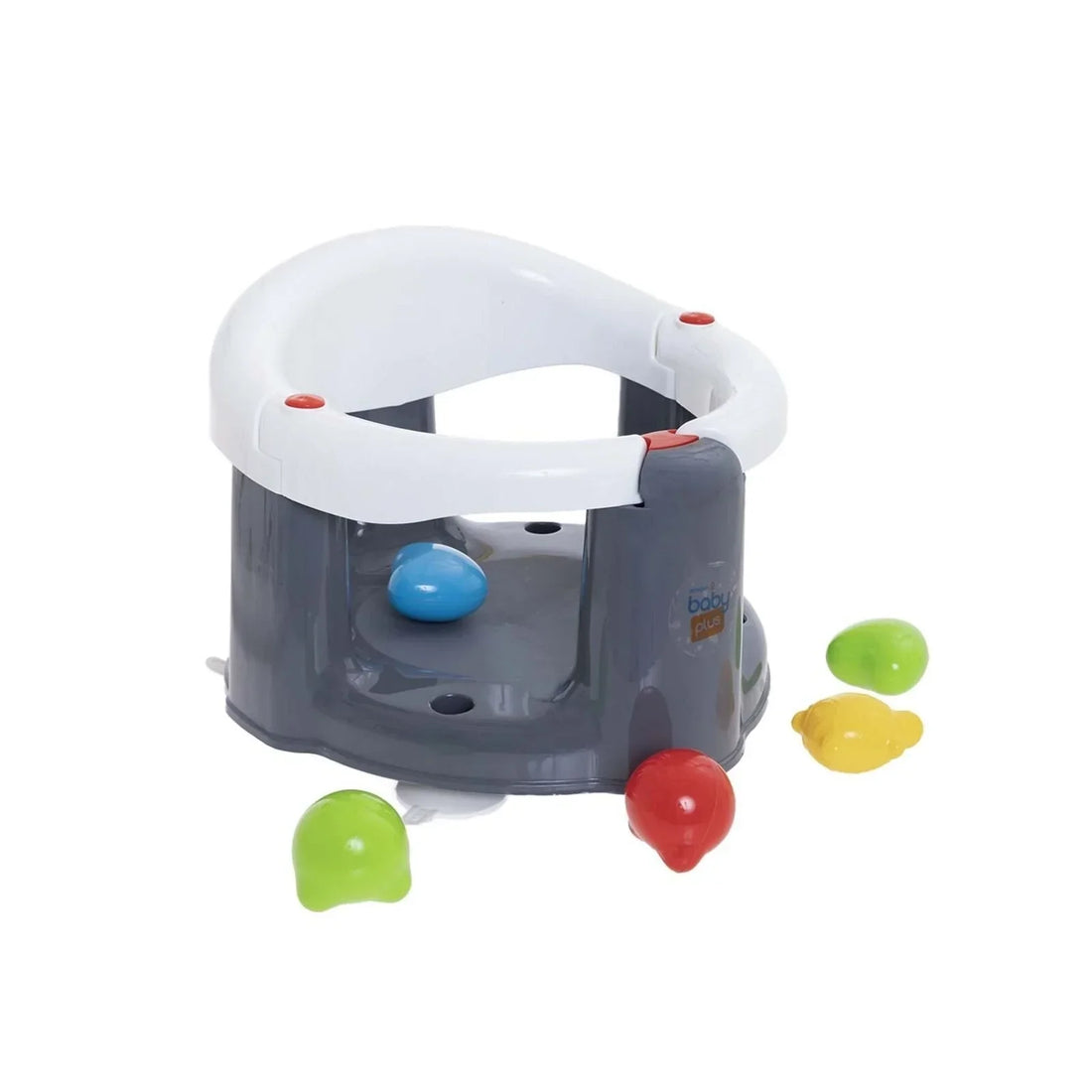 baby plus Bath Seat with Bath Toy shown in a baby bath with colourful toys attached, supporting an infant safely in the water