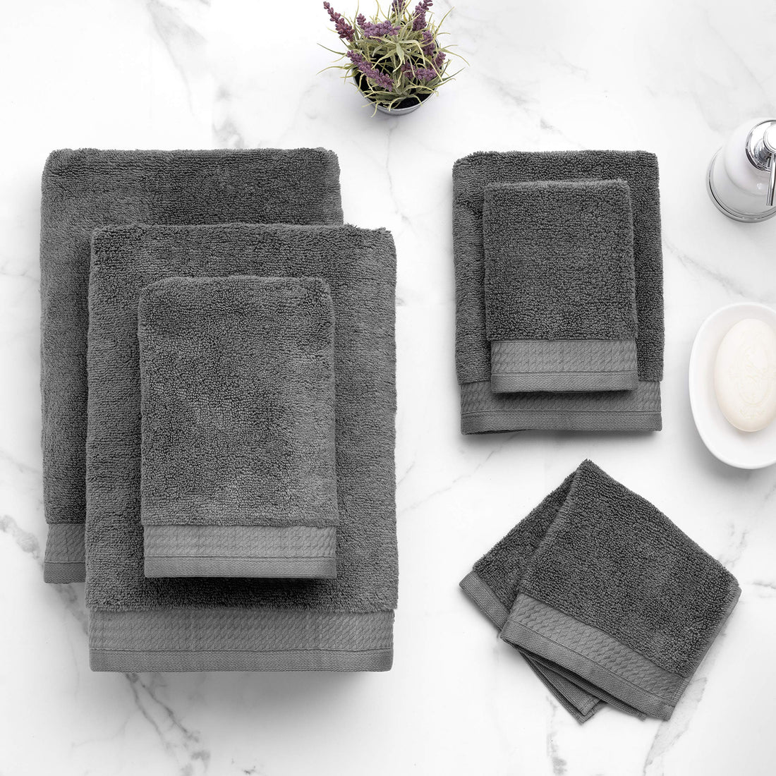 Welhome Madison Hygro Cotton 6-Piece Towel Set in Charcoal Grey – 2 bath towels, 2 hand towels and 2 washcloths, 575 GSM, OEKO-TEX certified, gets softer with every wash