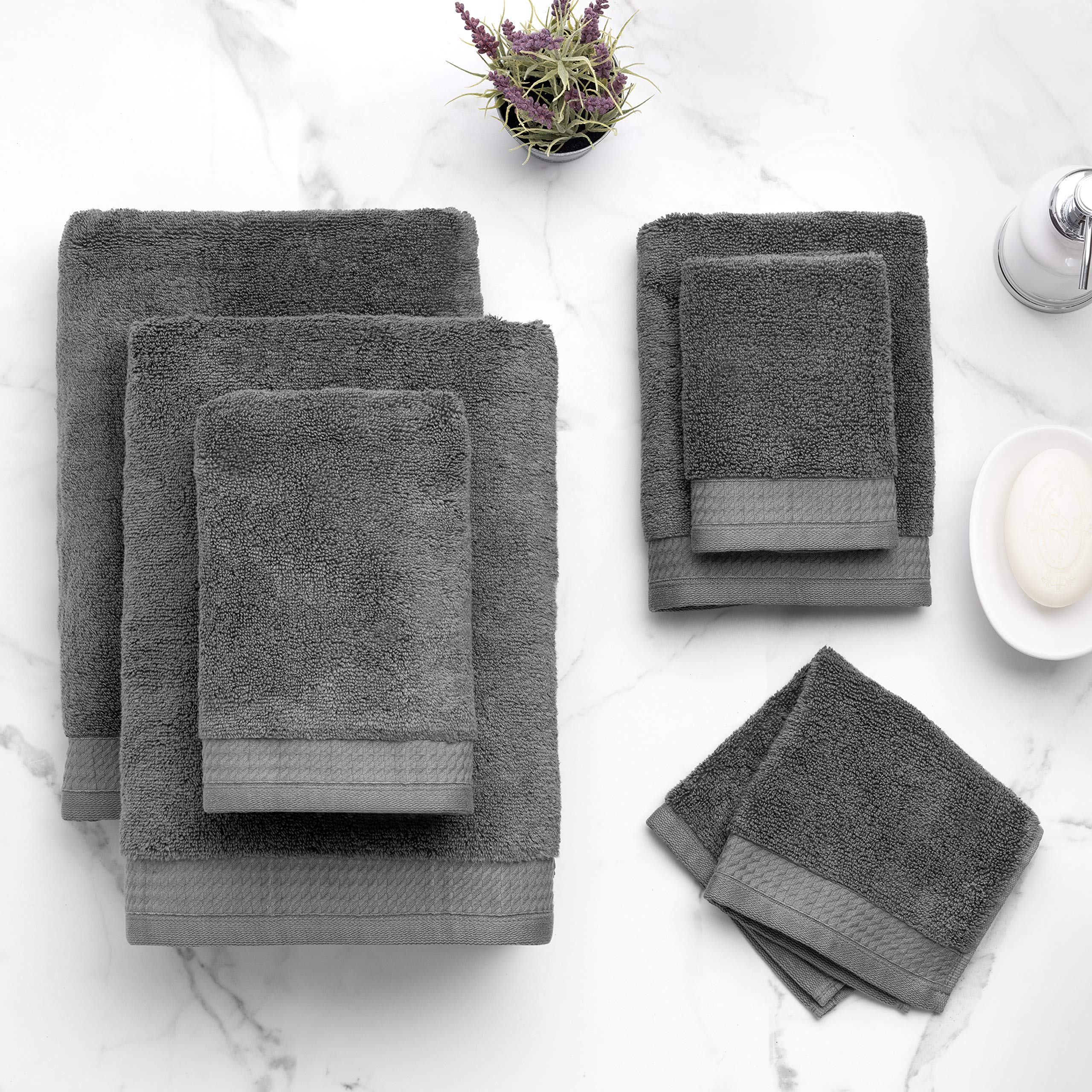 Welhome Madison Hygro Cotton 6-Piece Towel Set in Charcoal Grey – 2 bath towels, 2 hand towels and 2 washcloths, 575 GSM, OEKO-TEX certified, gets softer with every wash