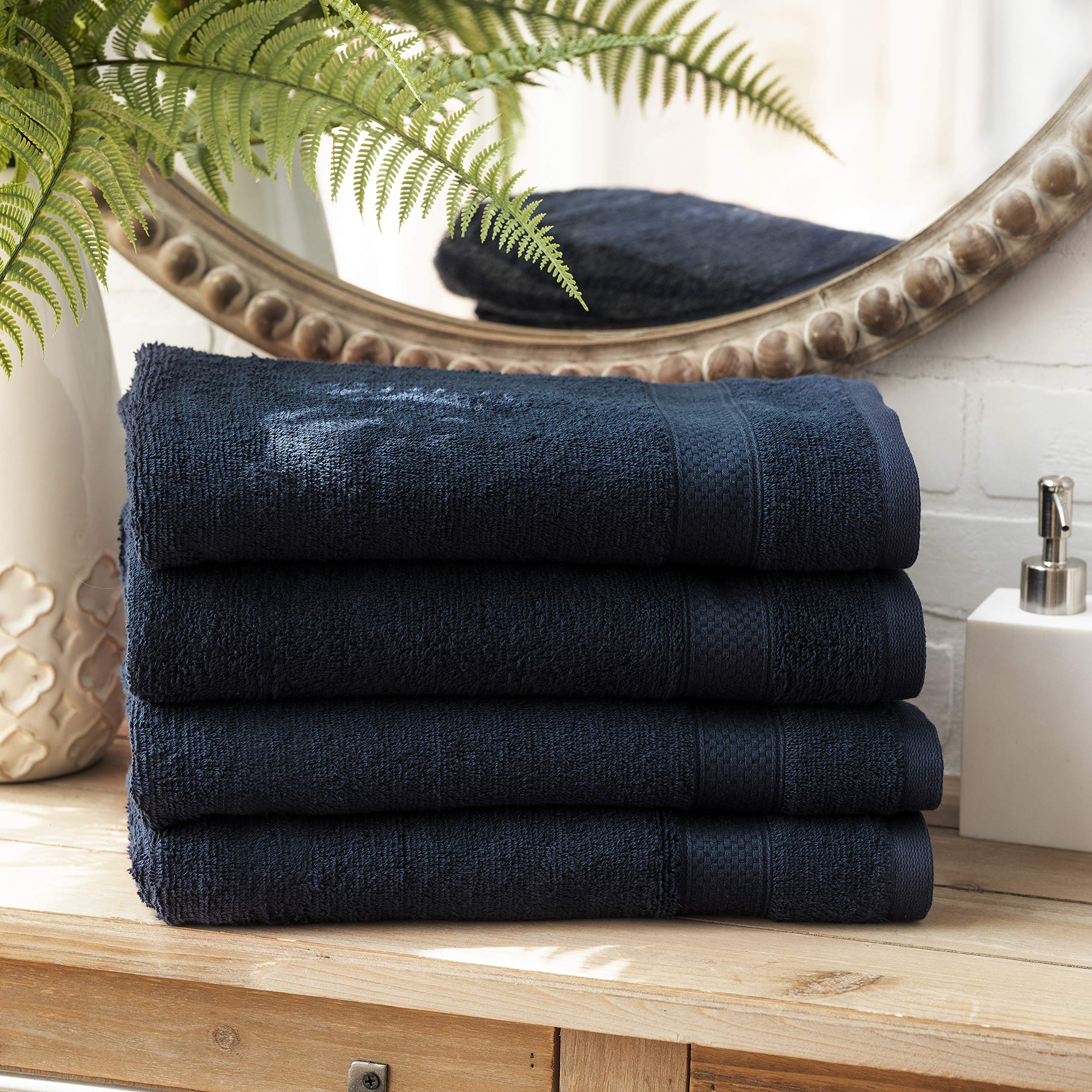 Welhome 100% Cotton Bath Towels in Deep Navy – 4-piece set with 434 GSM combed cotton, OEKO-TEX certified, quick dry and machine washable, generous 30 x 54 inch size