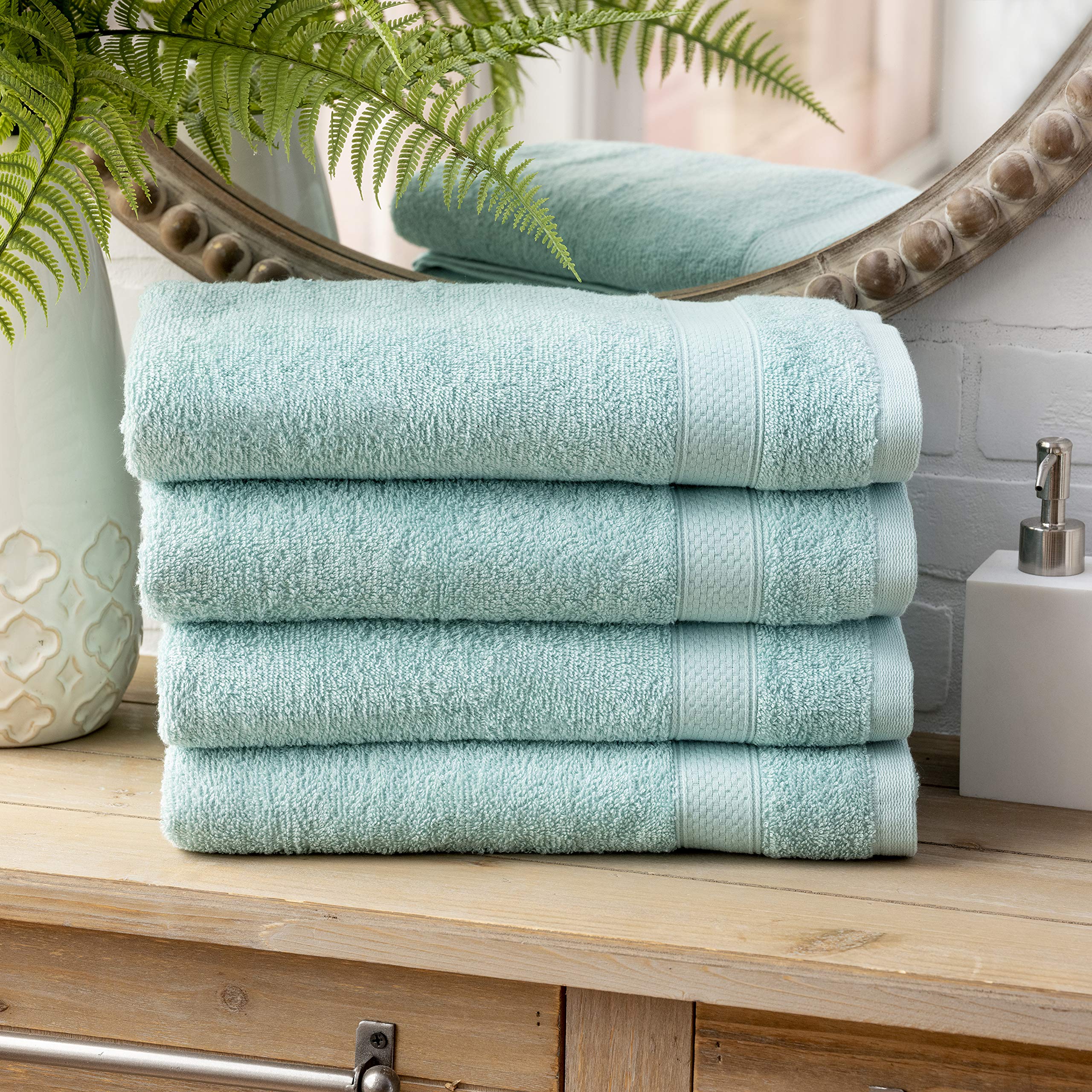 Welhome 100% Cotton Bath Towels in Aqua – set of 4 bath towels, 30x54 inches, 434 GSM combed cotton, OEKO-TEX certified, quick dry and machine washable