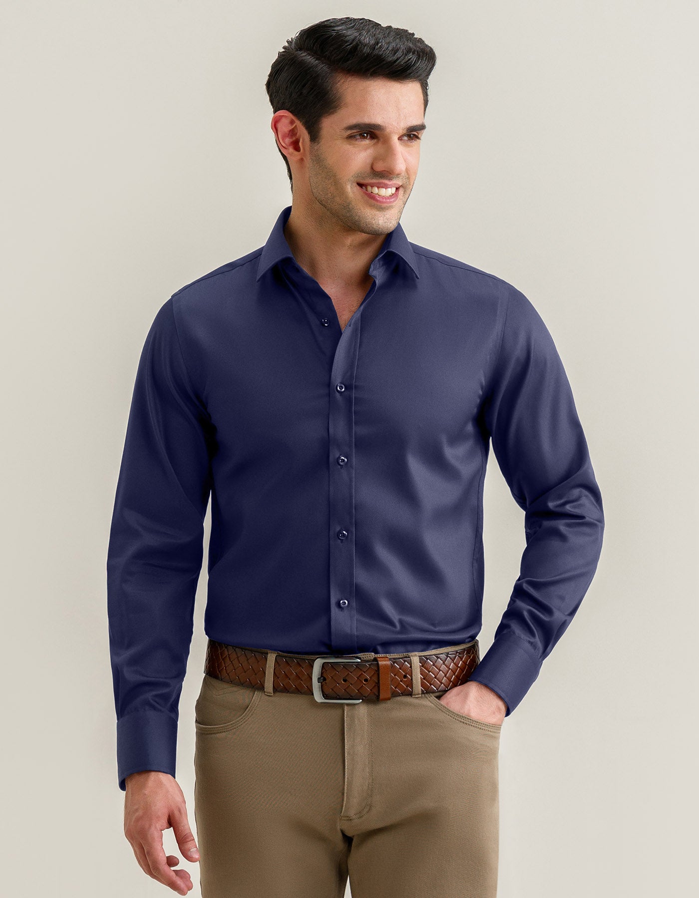 Navy Twill Smart Fit Dress Shirt — worn styled with smart chinos, showing the sleek twill weave and tailored smart fit