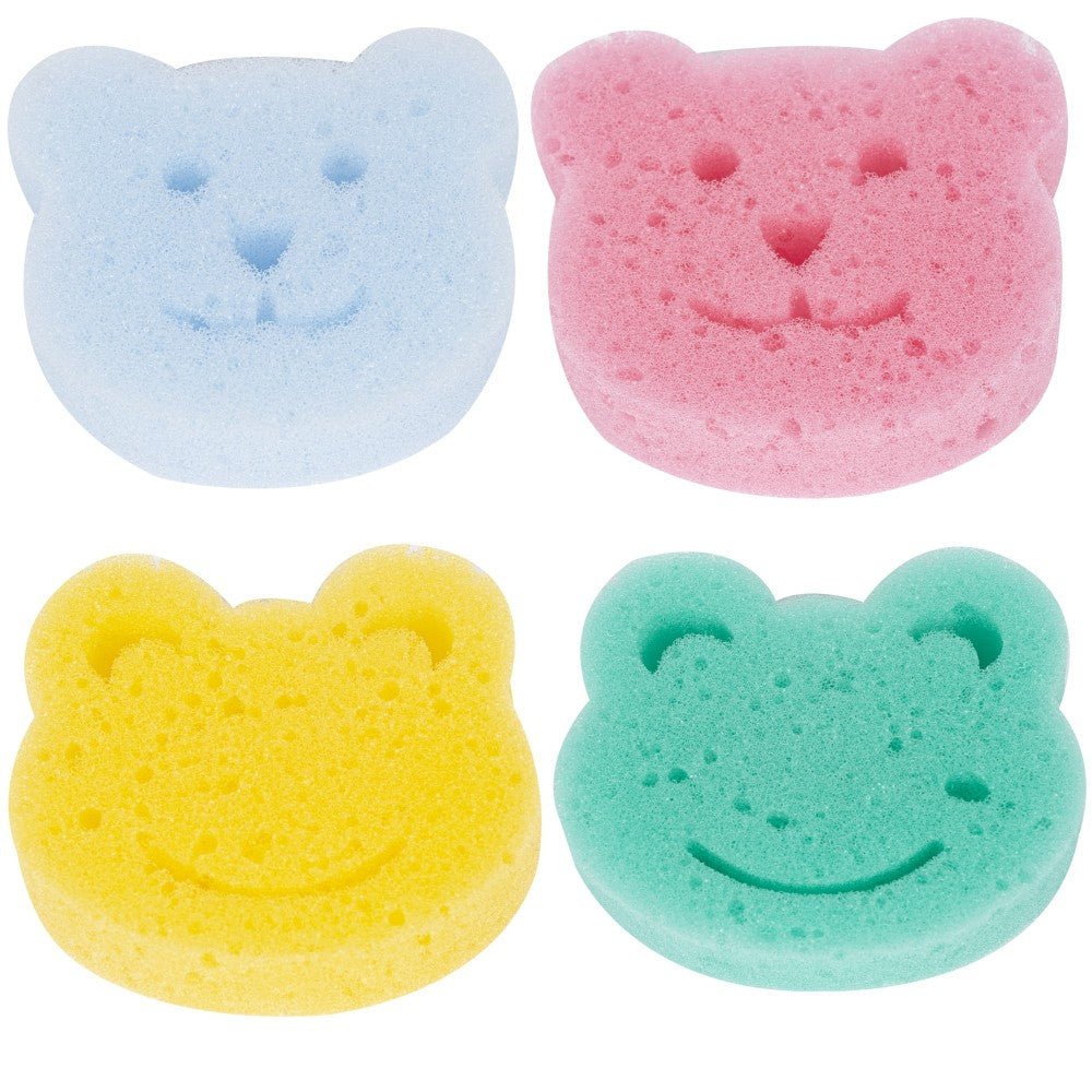 Baby Plus Bath Sponges 4-pack – soft vibrant coloured sponges sized 8x7cm, suitable from birth, designed to cleanse and engage babies during bath time