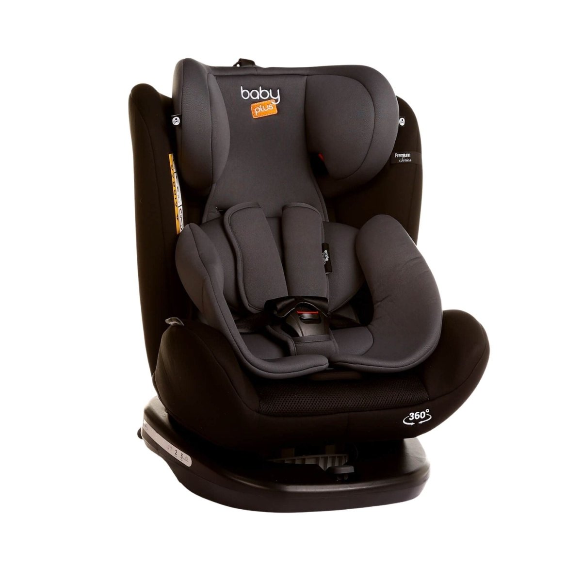 baby plus Orbitfix Group 0+/1/2/3 car seat in black grey showing the 360 degree rotating design Isofix and Top Tether installation 5-point safety harness adjustable headrest and birth to 12 years versatility