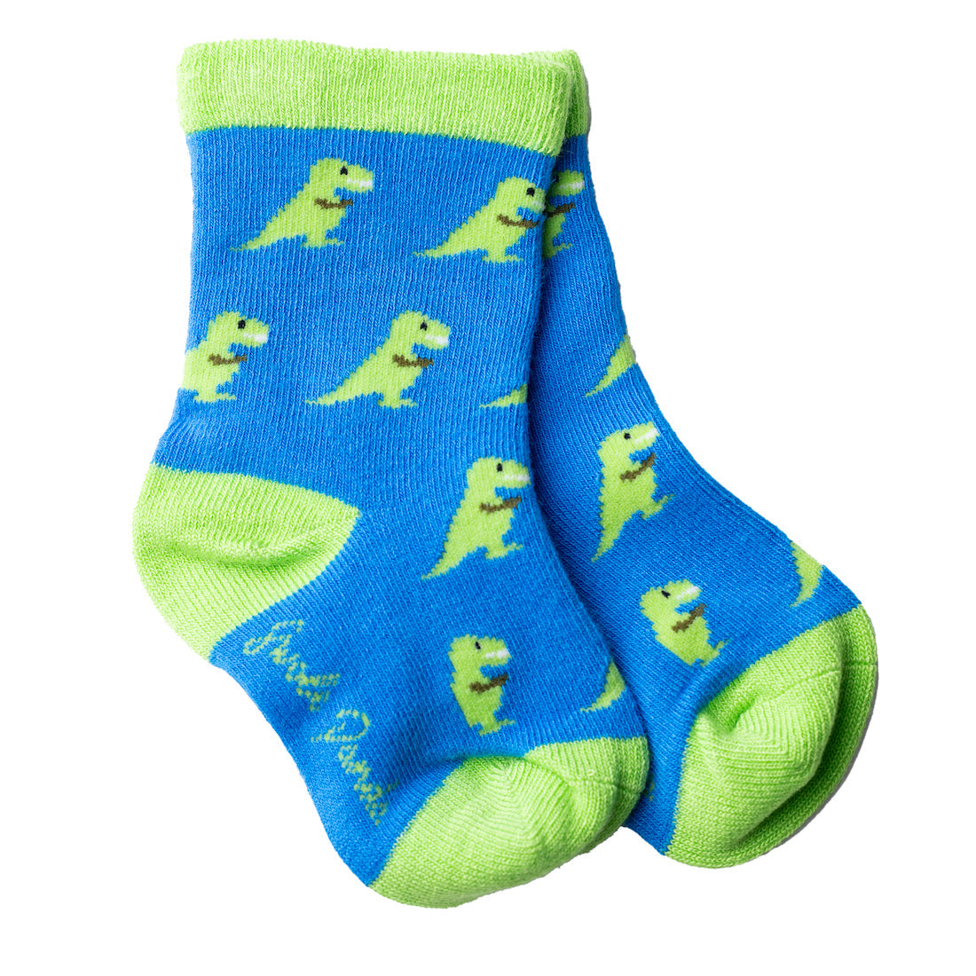 Swole Panda Children's T-Rex Bamboo Socks in green and grey showing dinosaur pattern laid flat on a white surface