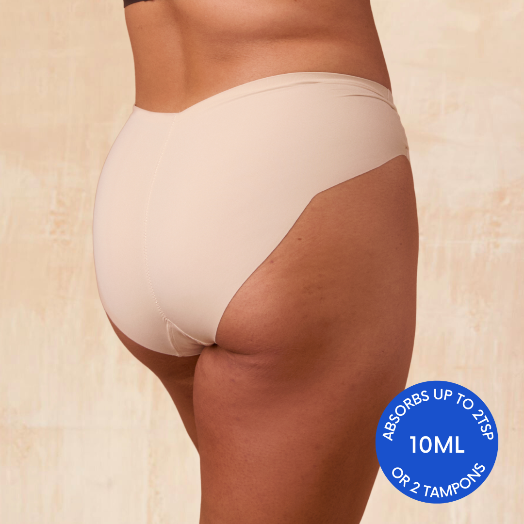 NIXI Body The Carla Cream Leakproof Knicker in light absorbency — VPL-free high leg design with seamless waistband, holds up to 2 tampons worth, created in collaboration with The Endometriosis Foundation