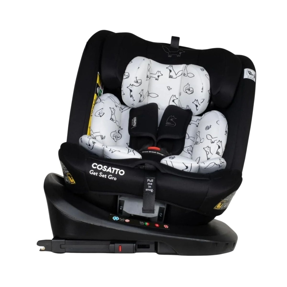 Cosatto Get Set Grow i-Size 360 Car Seat in Foxed design — front view showing the rotating seat and ISOFIX base