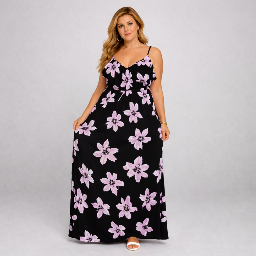 Lilac Floral Print V Frilled Top Maxi Dress by RockThoseCurves — one of three dresses compared in this guide from ALTOE, alongside the Fairy Uniform linen apron and tie dye t-shirt dress