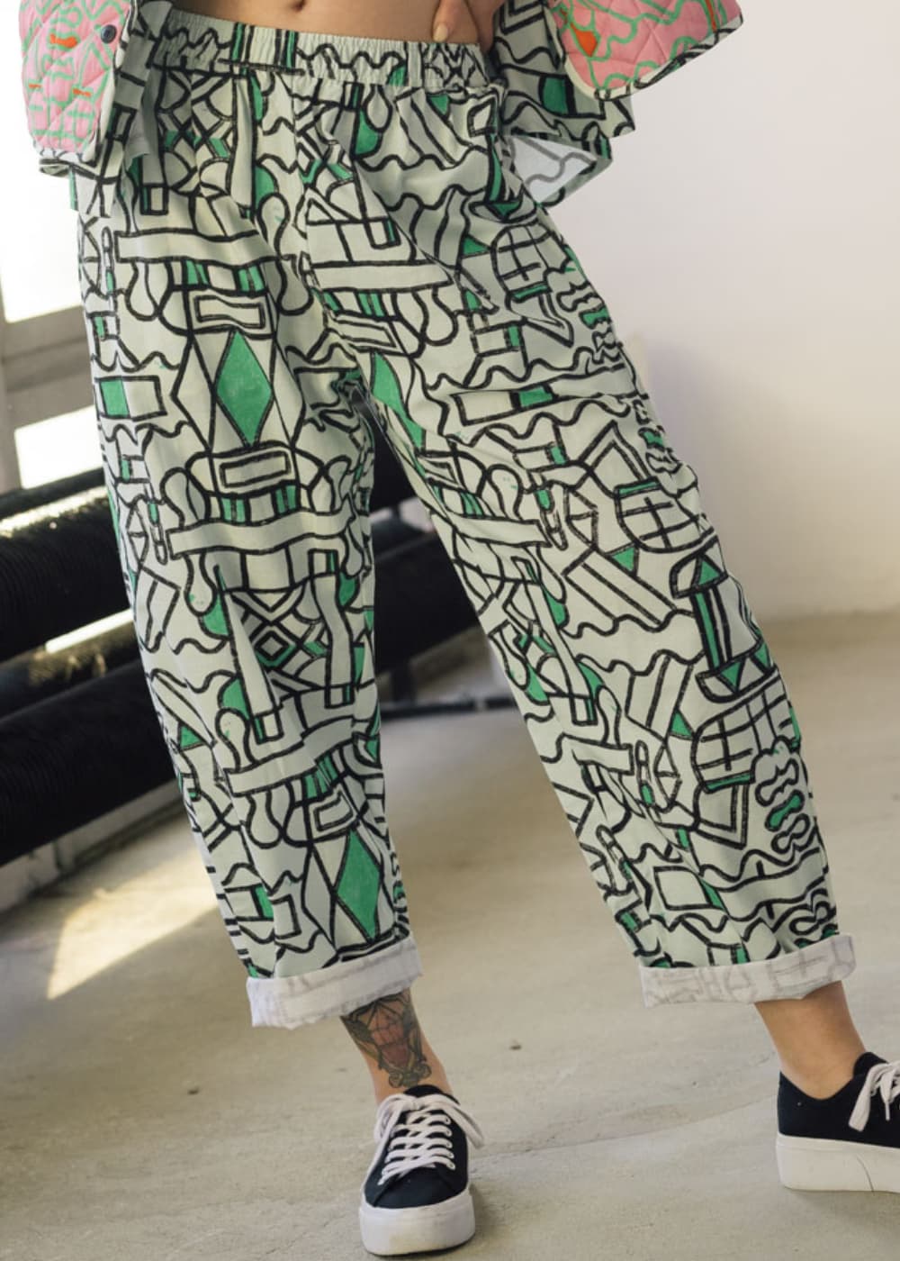 Wild Clouds Organic Cotton & Linen Balloon Trousers – Elasticated Waist, Deep Pockets, Hand-Drawn Prints, Sizes XS–XL at £58.00