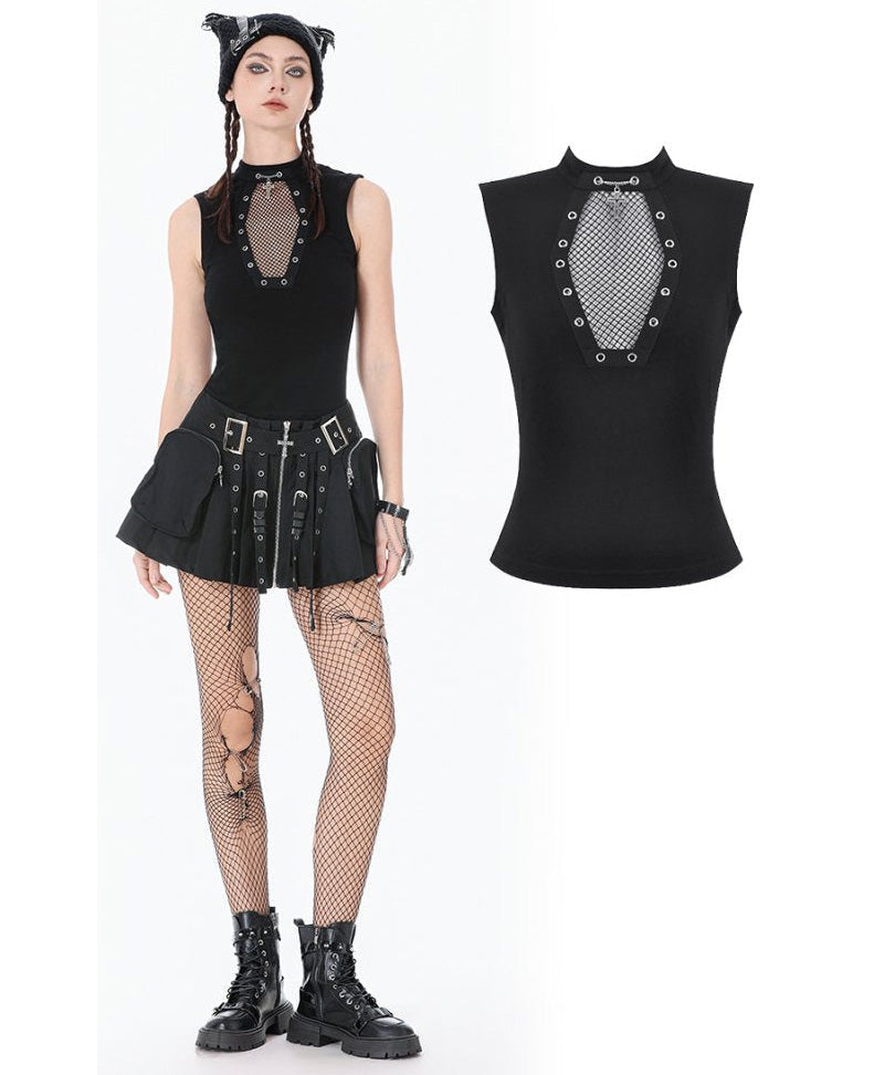 Dark in Love Punk Coffin Mesh Panel Top sleeveless gothic cotton top with coffin-shaped mesh chest panel and metal eyelet detailing