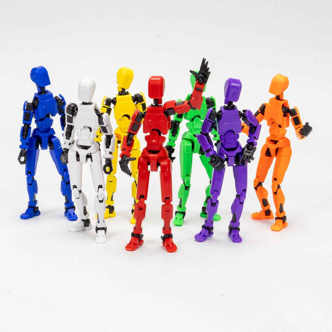 Dummy 13 Model Kit – posable build-it-yourself robot model with black skeleton frame and coloured armour panels, fully assembled and posed, showing the creative customisable robot figure