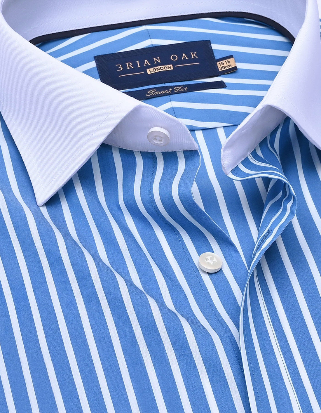 Blue Striped Shirt with Contrast Collar and Cuffs – front view showing blue and white stripe pattern with wide contrast collar and round contrast cuffs on a cotton blend poplin shirt