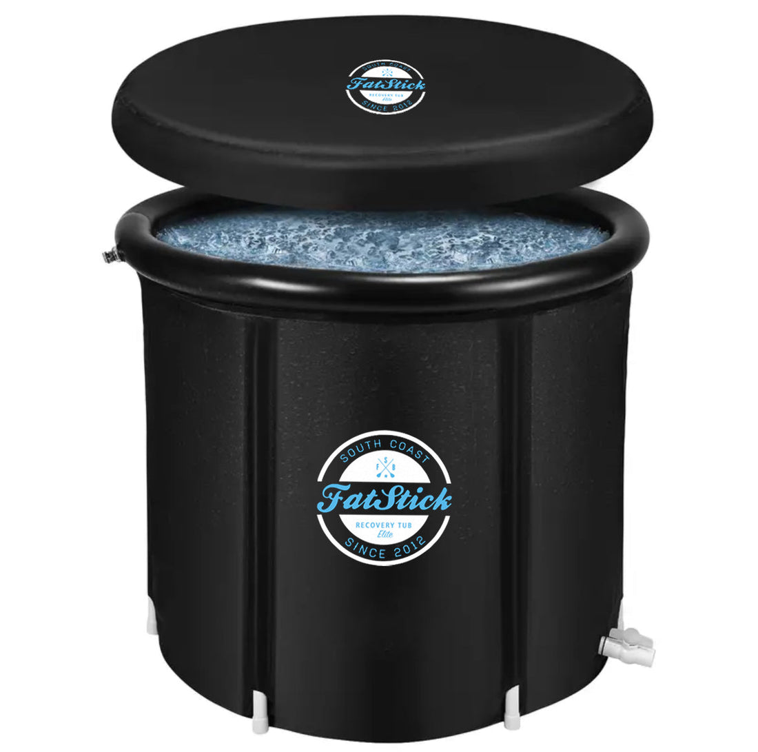FatStick Portable Recovery Ice Bath — insulated cold plunge tub set up outdoors, showing the round oval design, reinforced walls and the tub filled with cold water ready for use