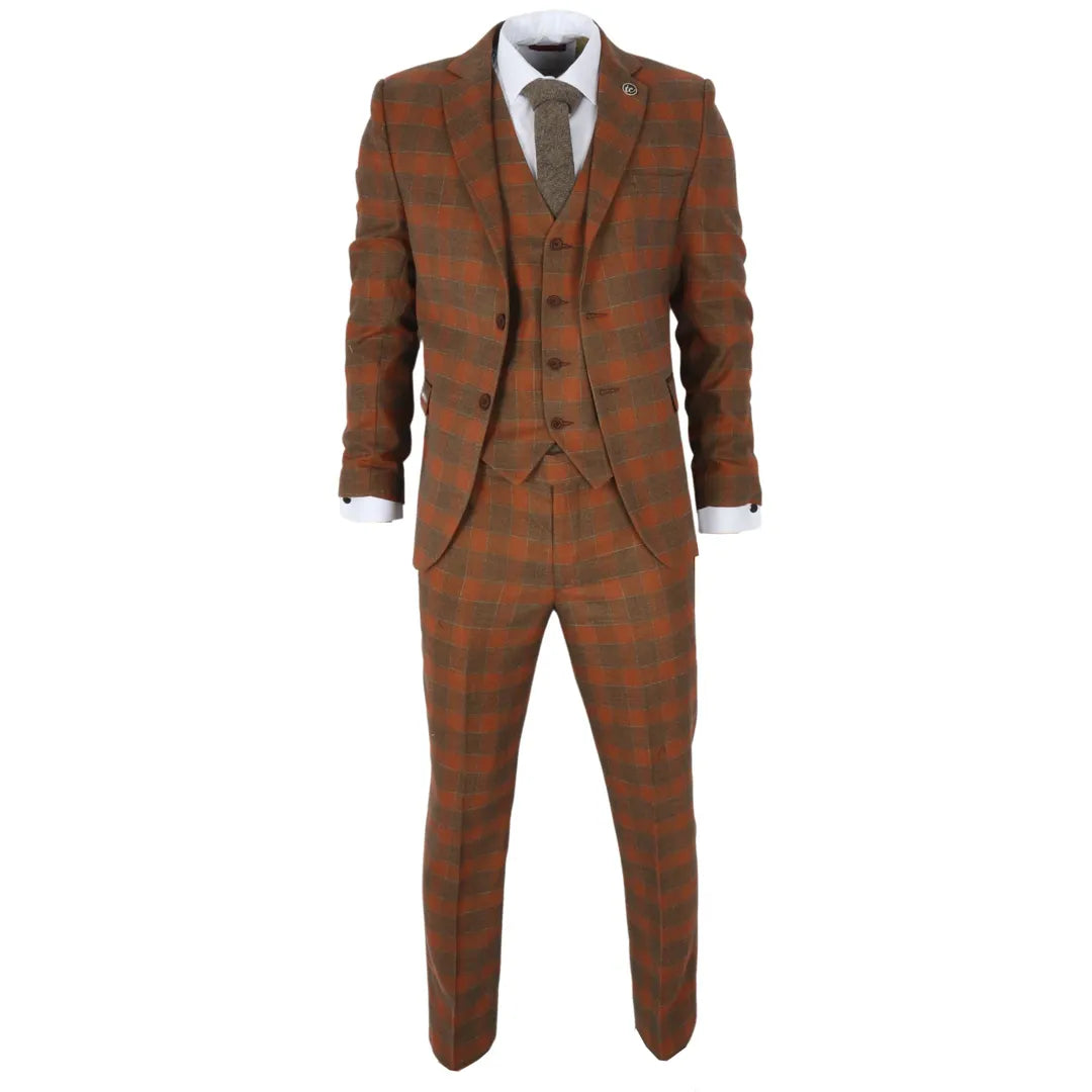 IM11 Men's 3 Piece Brown Check Suit — full front view showing the tailored jacket, matching vest and trousers in a refined brown checkered pattern, styled for a formal occasion