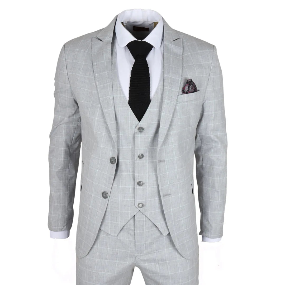 IM3 Men’s Grey Checked Tailored Fit Suit — elegant three-piece grey check suit with tailored fit for professional and formal occasions