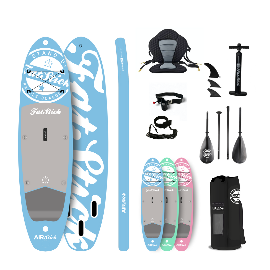 FatStick AirStick 10'6 Inflatable Stand Up Paddle Board Kayak Hybrid – complete SUP package with 4-piece alloy paddle, kayak seat, pump, coiled leash and bag, 10'6 x 32 x 5 inches, 140kg max rider weight, 20PSI max pressure