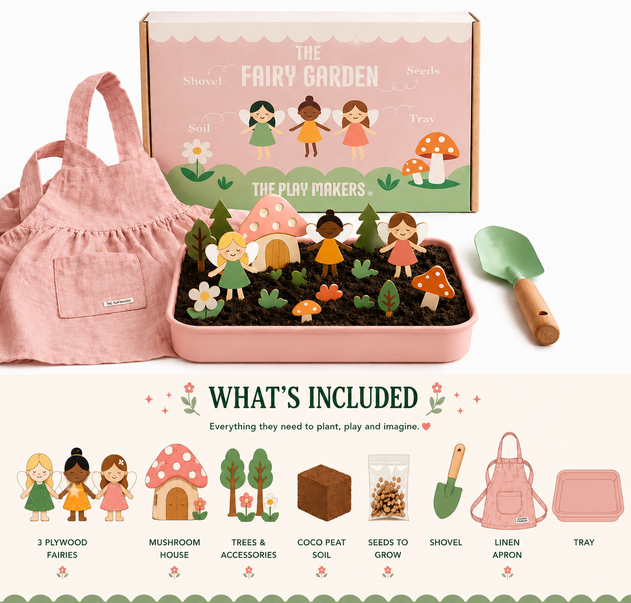 Fairy Garden Starter Kit by The Play Makers Co showing the complete kit with pastel tray, fairy figures with wings, mushroom and flower accessories, fairy door, shovel, linen apron, soil and seeds