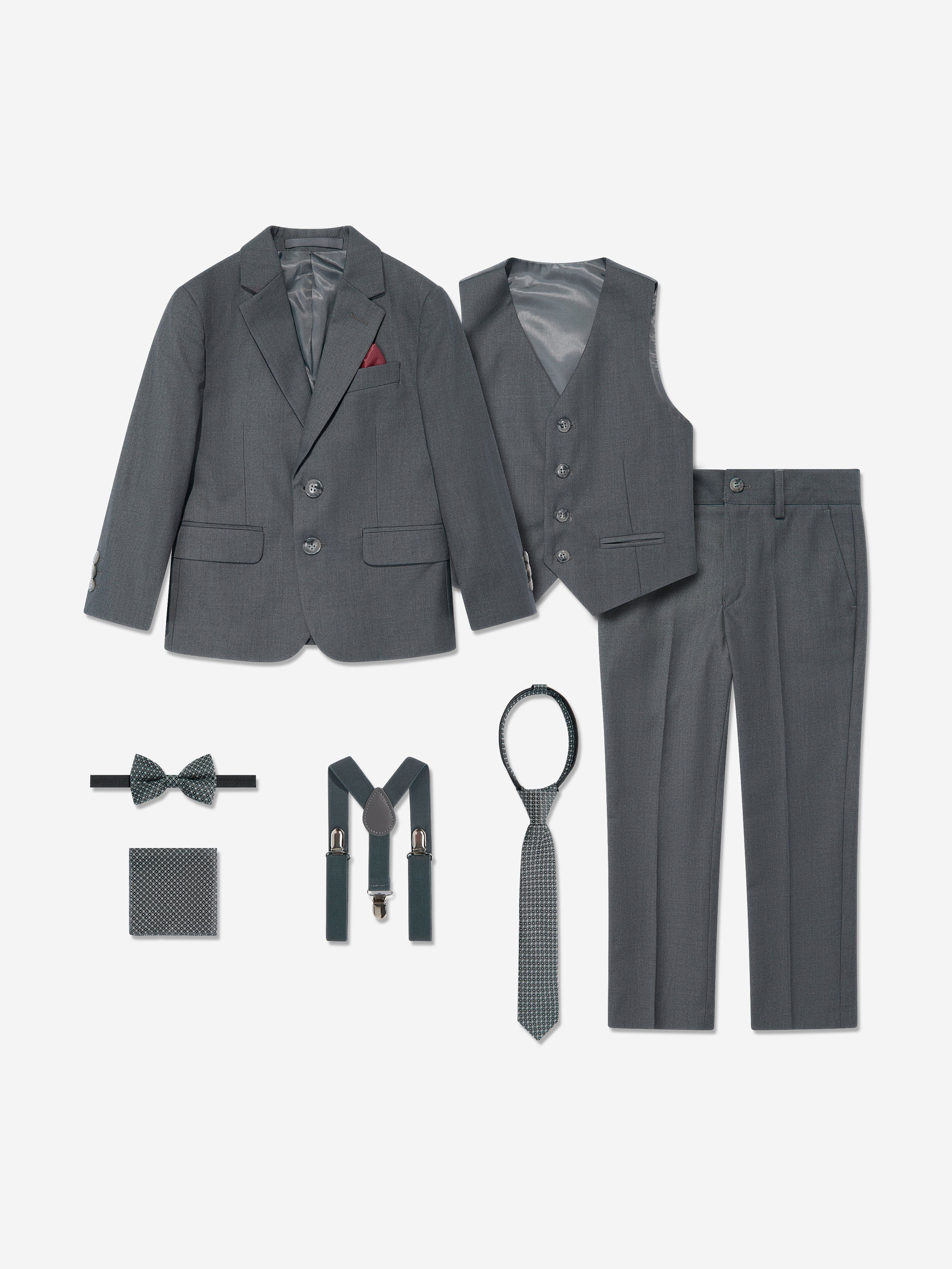 SUITLAB London Boys 7-Piece Formal Suit Set in Charcoal Grey – complete suit set including jacket, waistcoat, trousers, tie, bow-tie, suspenders and handkerchief