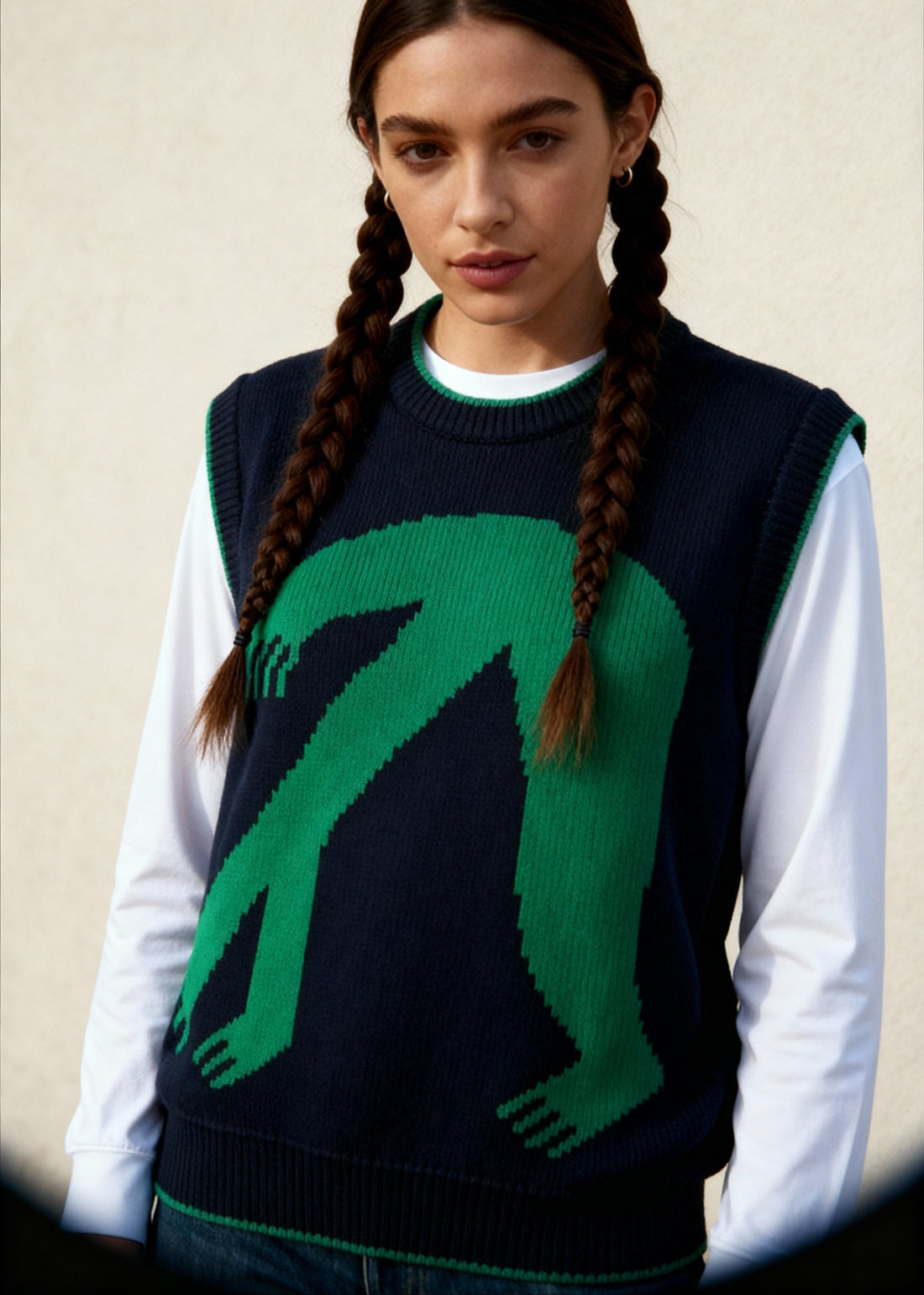 Wild Clouds Organic Cotton Knit Jumper Vest – Bold Green Figure on Navy, Contrast Green Trim, Multi-Season Statement Piece at £39.00